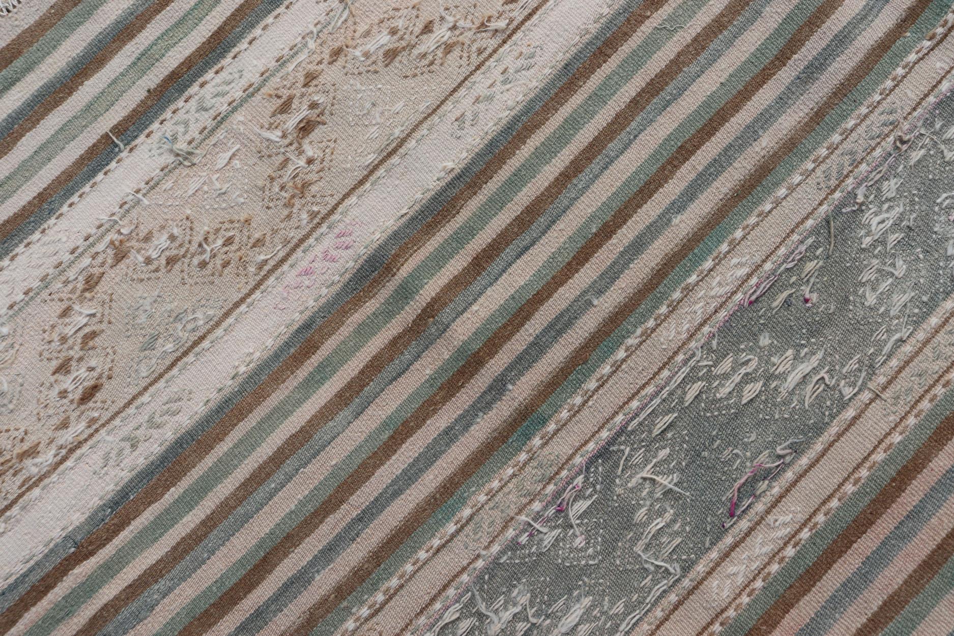 Turkish Flat-Weave Kilim with Stripes and Embroideries In Blue, Green, and Cream For Sale 5