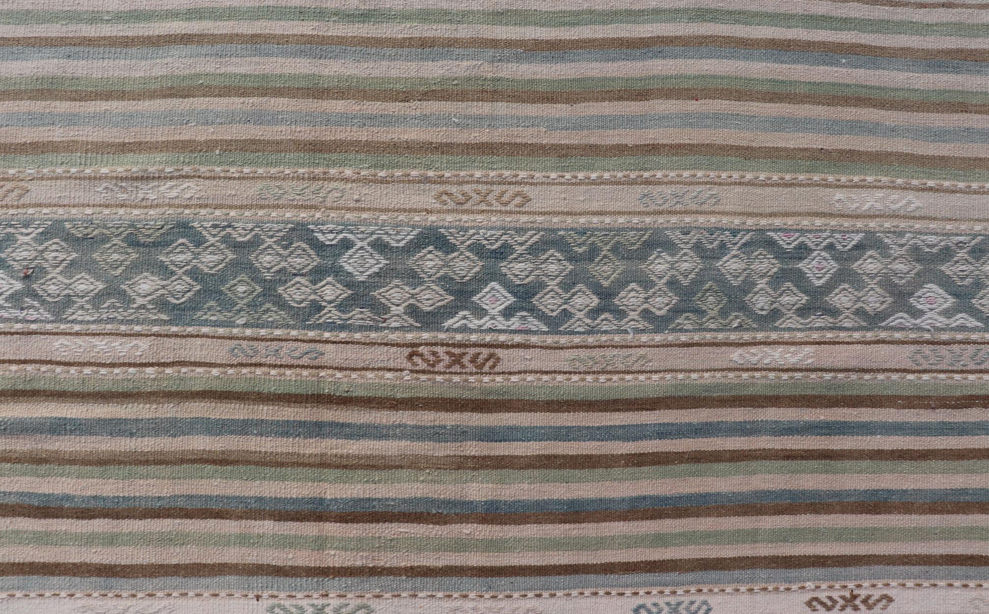 Hand-Knotted Turkish Flat-Weave Kilim with Stripes and Embroideries In Blue, Green, and Cream For Sale