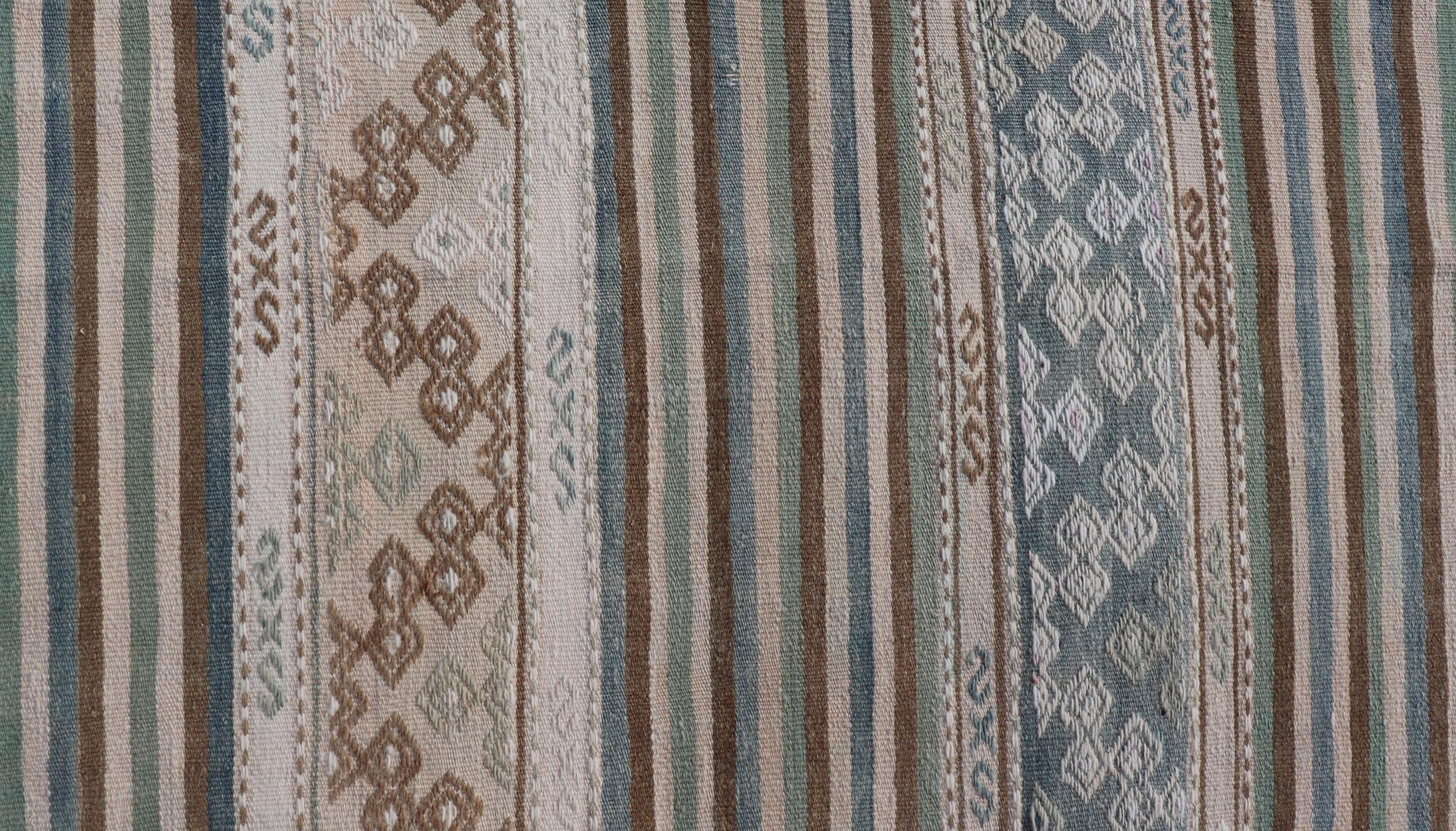 Turkish Flat-Weave Kilim with Stripes and Embroideries In Blue, Green, and Cream In Good Condition For Sale In Atlanta, GA