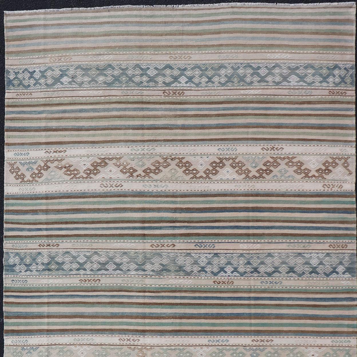 20th Century Turkish Flat-Weave Kilim with Stripes and Embroideries In Blue, Green, and Cream For Sale