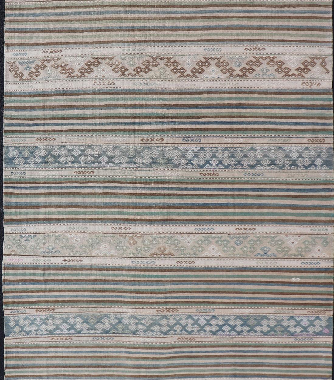 Wool Turkish Flat-Weave Kilim with Stripes and Embroideries In Blue, Green, and Cream For Sale