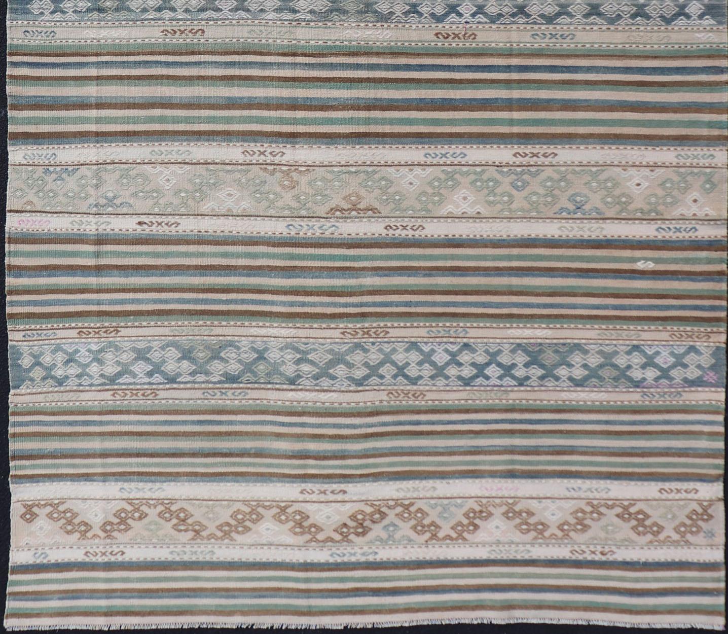 Turkish Flat-Weave Kilim with Stripes and Embroideries In Blue, Green, and Cream For Sale 1