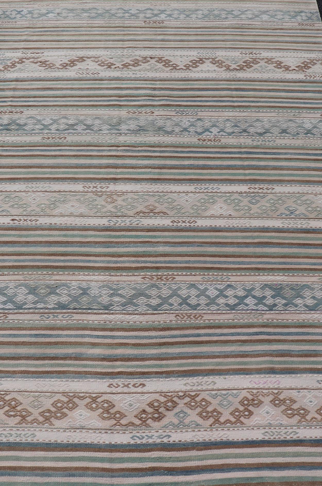 Turkish Flat-Weave Kilim with Stripes and Embroideries In Blue, Green, and Cream For Sale 2