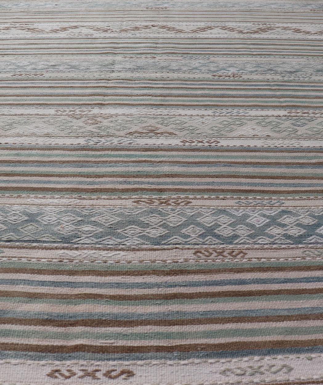 Turkish Flat-Weave Kilim with Stripes and Embroideries In Blue, Green, and Cream For Sale 3