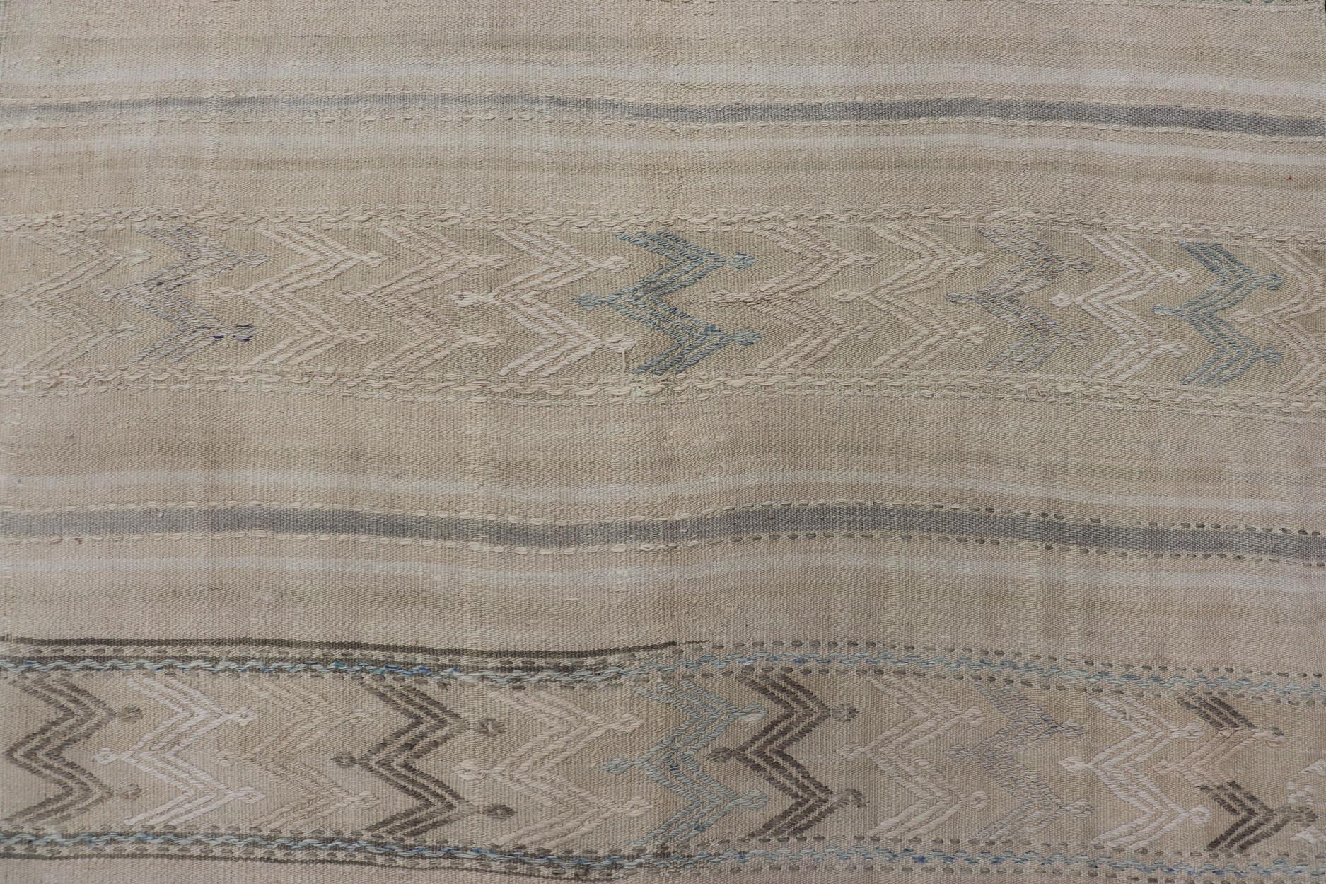 Turkish Flat-Weave Kilim with Tribal Embroideries in Taupe, Tan, Blue-Gray Color For Sale 4