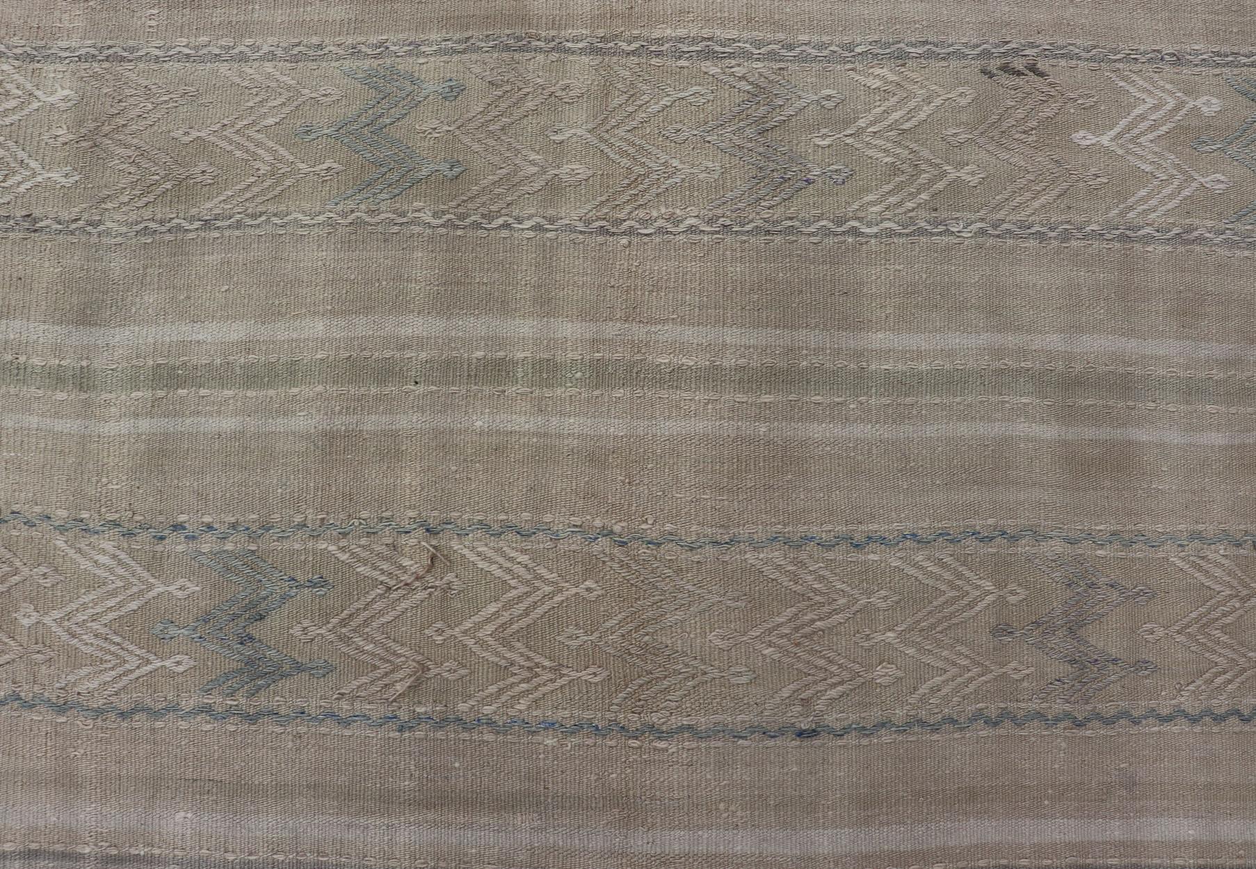 Turkish Flat-Weave Kilim with Tribal Embroideries in Taupe, Tan, Blue-Gray Color For Sale 5