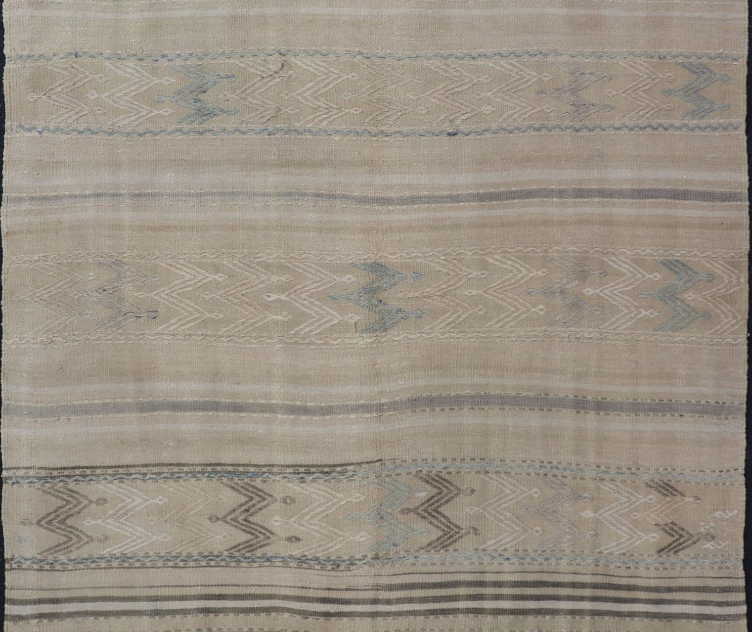 Turkish Flat-Weave Kilim with Tribal Embroideries in Taupe, Tan, Blue-Gray Color In Good Condition For Sale In Atlanta, GA