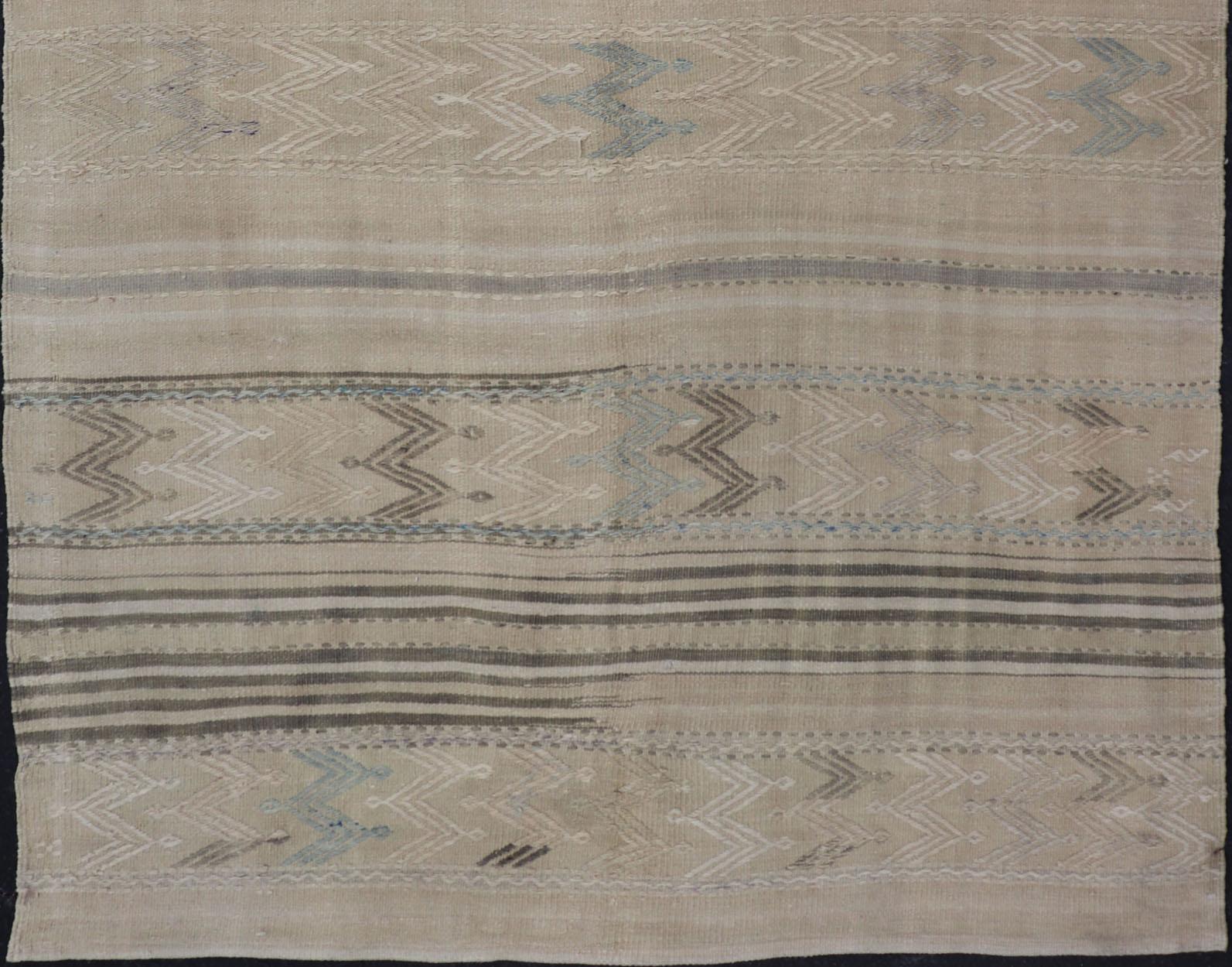 20th Century Turkish Flat-Weave Kilim with Tribal Embroideries in Taupe, Tan, Blue-Gray Color For Sale