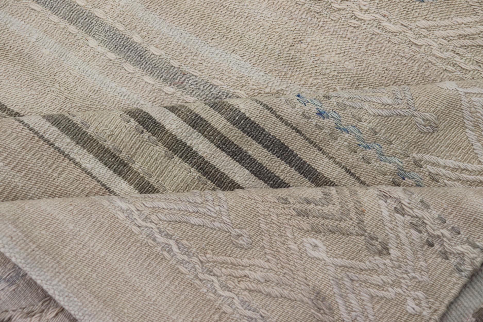 Turkish Flat-Weave Kilim with Tribal Embroideries in Taupe, Tan, Blue-Gray Color For Sale 1