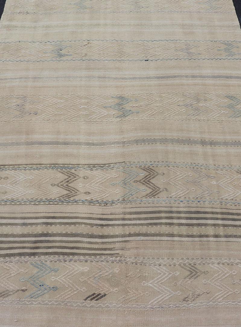 Turkish Flat-Weave Kilim with Tribal Embroideries in Taupe, Tan, Blue-Gray Color For Sale 2