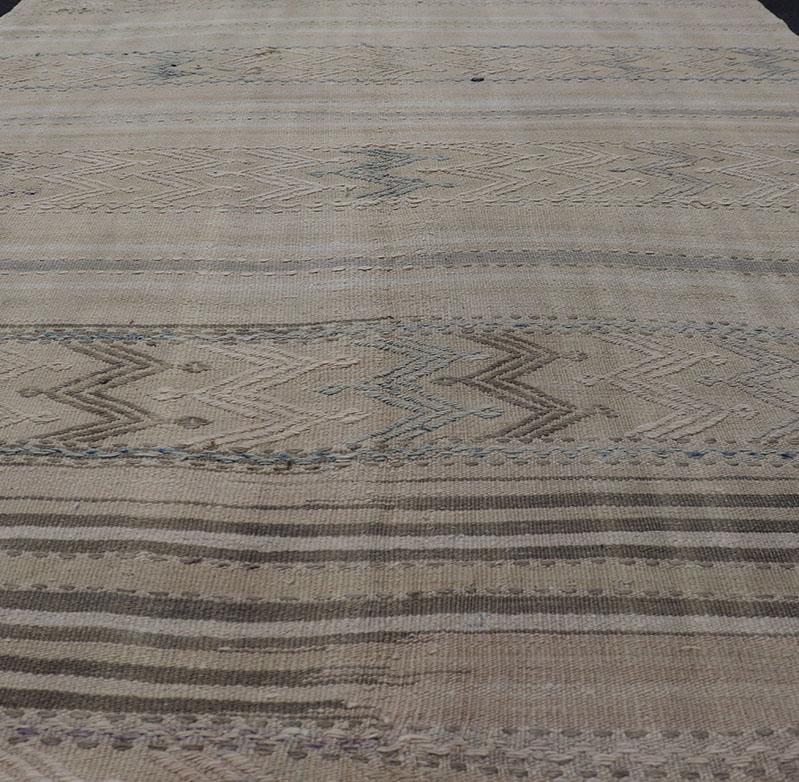 Turkish Flat-Weave Kilim with Tribal Embroideries in Taupe, Tan, Blue-Gray Color For Sale 3