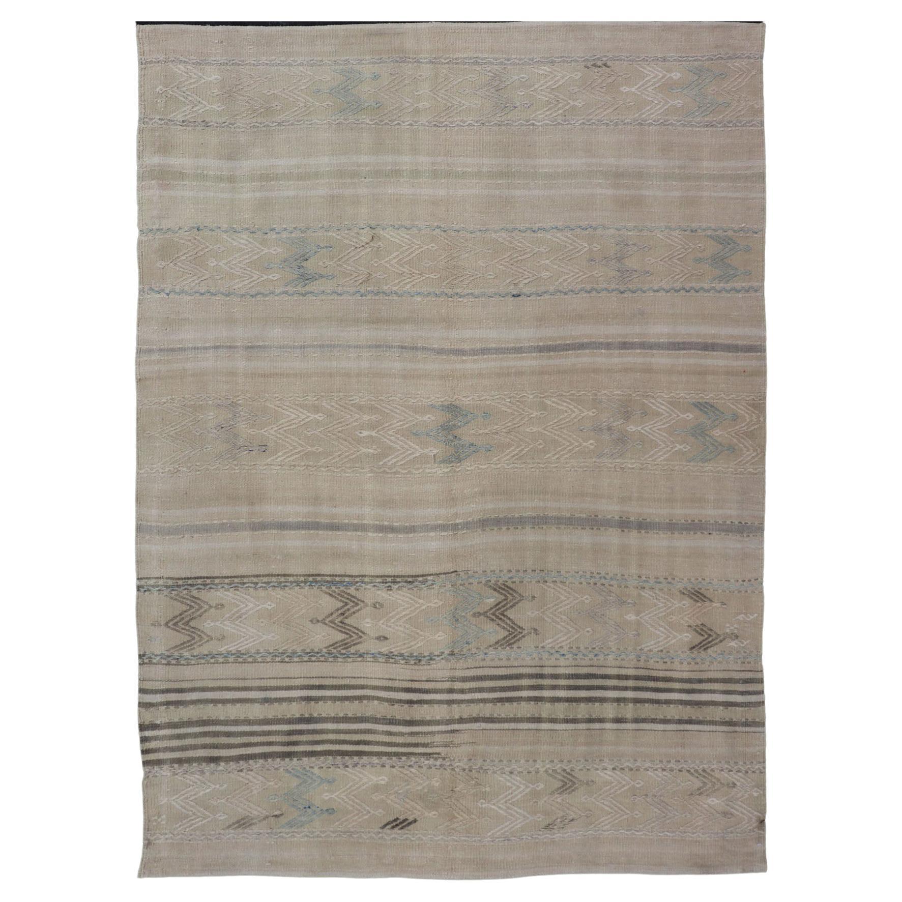 Turkish Flat-Weave Kilim with Tribal Embroideries in Taupe, Tan, Blue-Gray Color For Sale