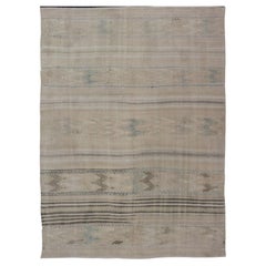 Turkish Flat-Weave Kilim with Tribal Embroideries in Taupe, Tan, Blue-Gray Color