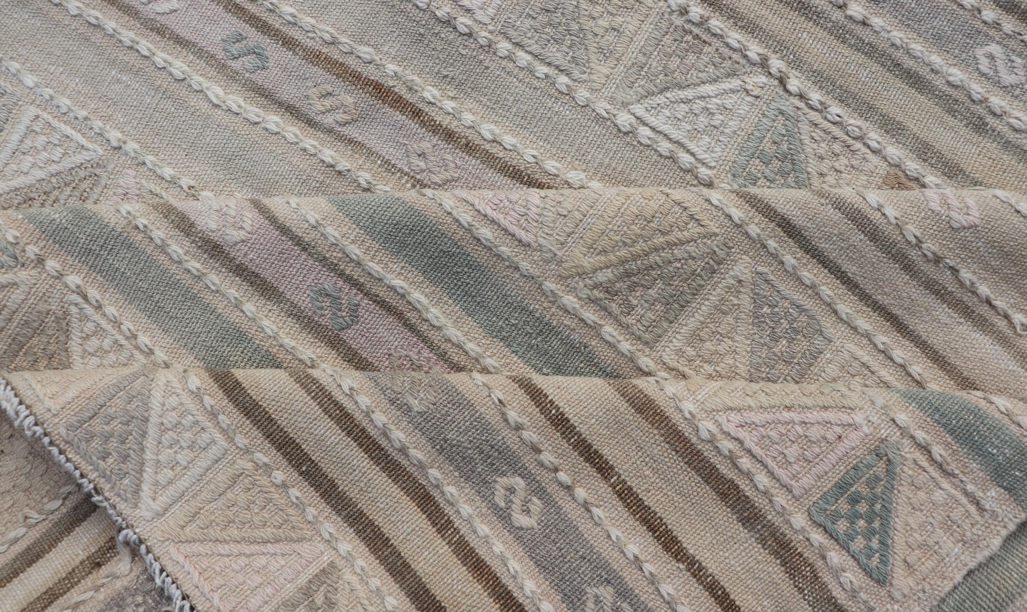 Turkish Flat-Weave with Embroideries Kilim in Taupe, Green, Brown, and Tan For Sale 3