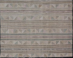Turkish Flat-Weave with Embroideries Kilim in Taupe, Green, Brown, and Tan