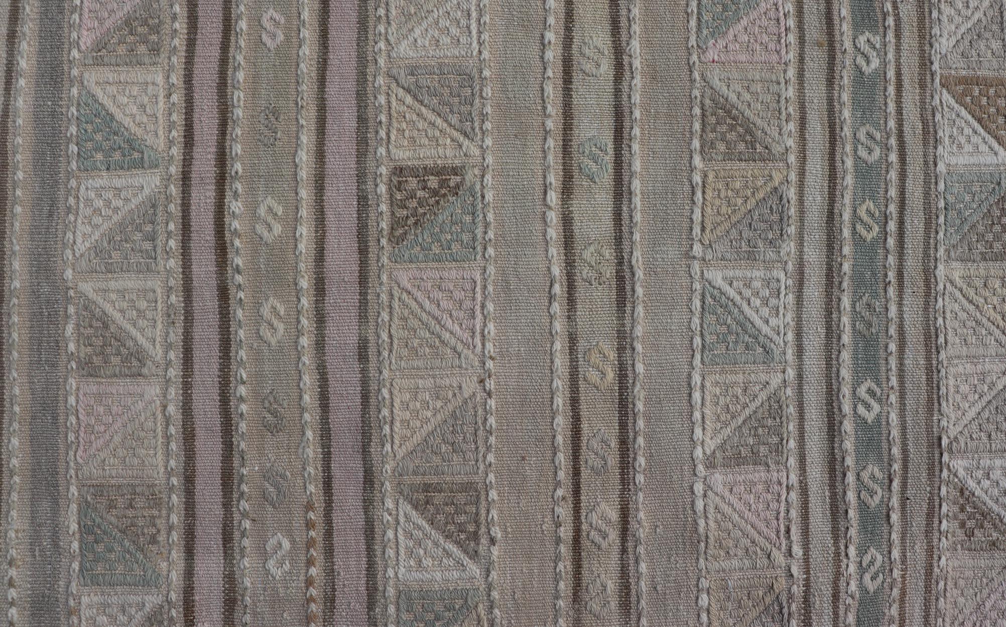 20th Century Turkish Flat-Weave with Embroideries Kilim in Taupe, Green, Brown, and Tan For Sale