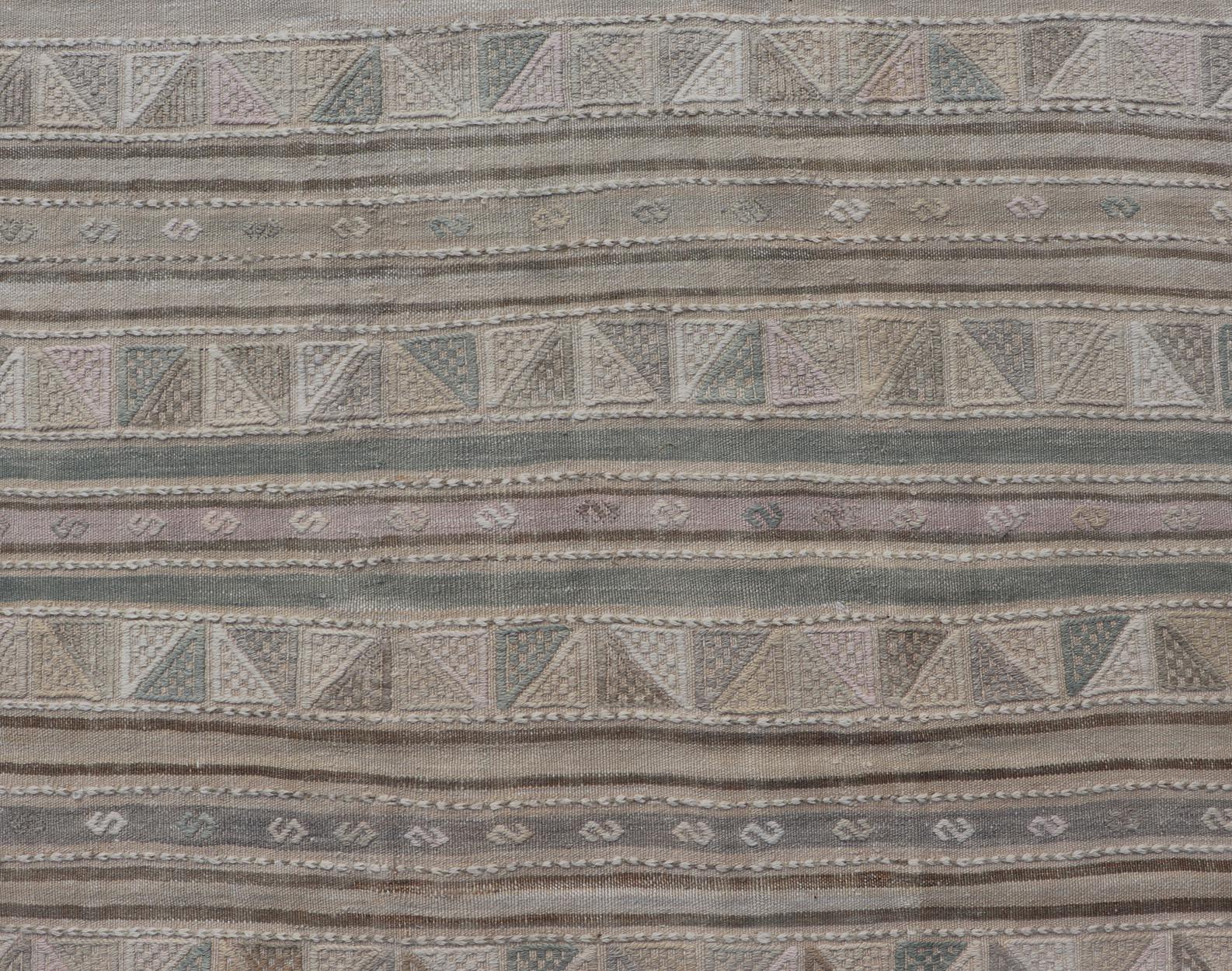 Wool Turkish Flat-Weave with Embroideries Kilim in Taupe, Green, Brown, and Tan For Sale