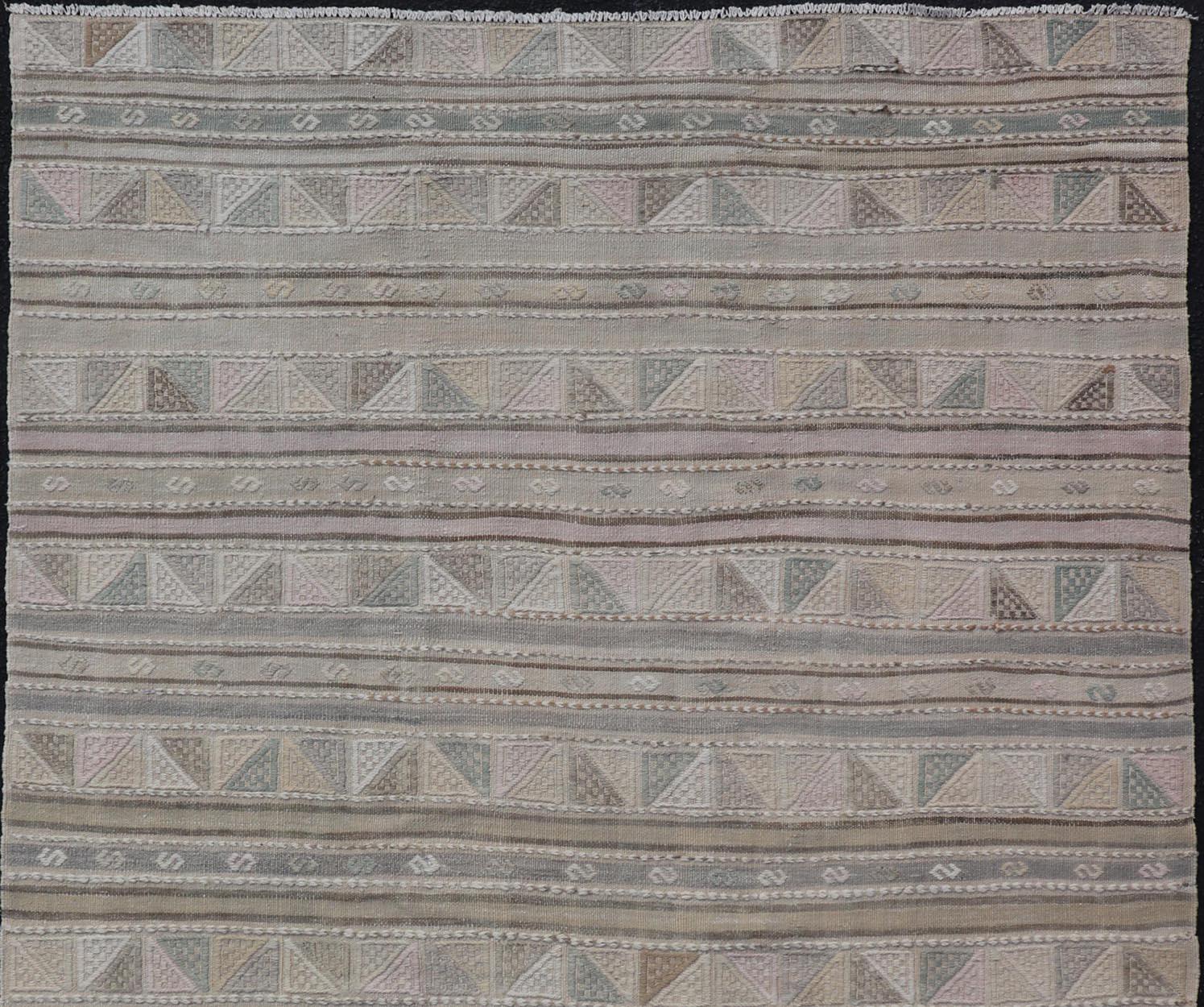 Turkish Flat-Weave with Embroideries Kilim in Taupe, Green, Brown, and Tan For Sale 1