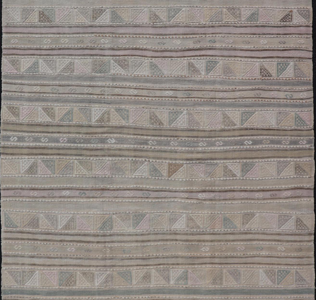 Turkish Flat-Weave with Embroideries Kilim in Taupe, Green, Brown, and Tan For Sale 2