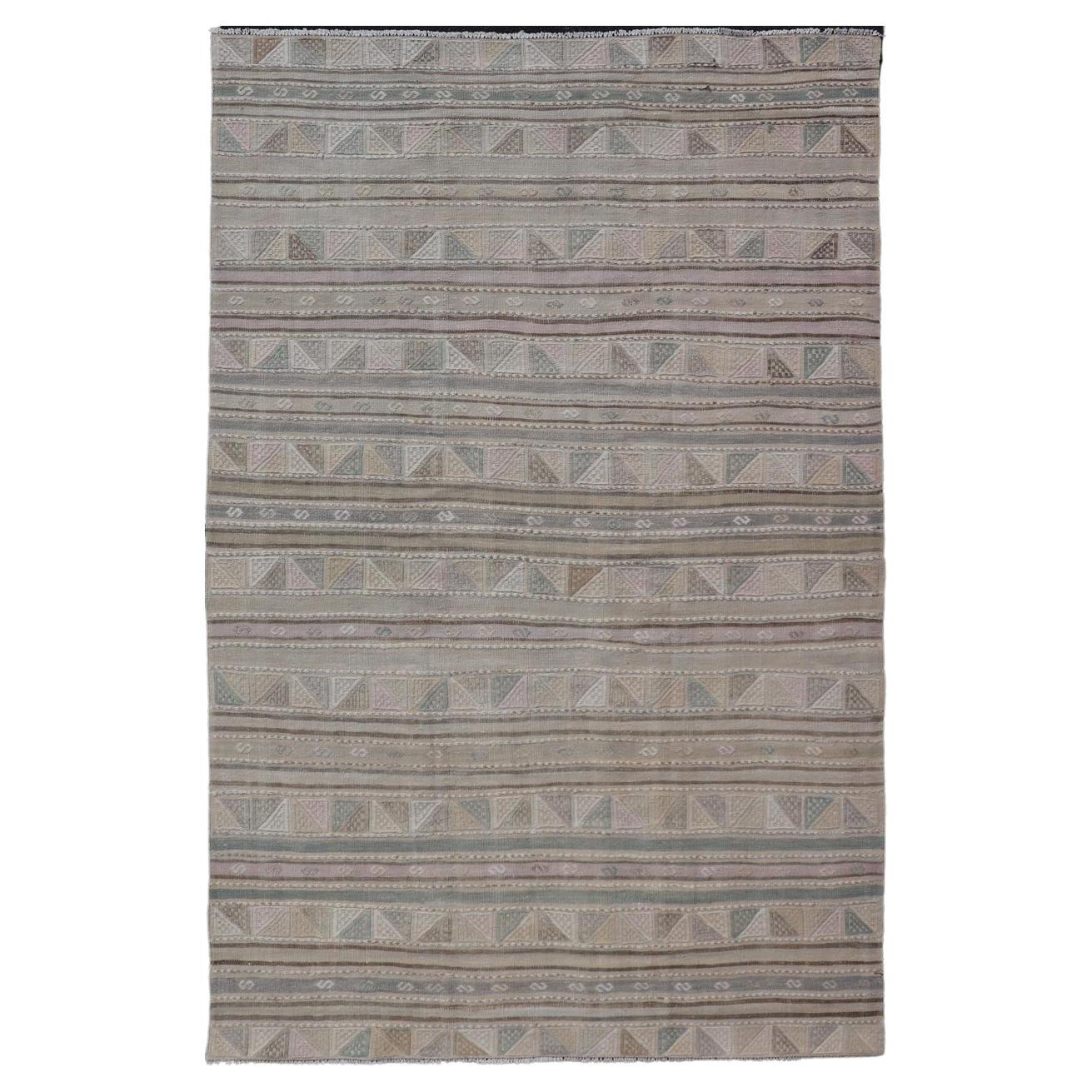 Turkish Flat-Weave with Embroideries Kilim in Taupe, Green, Brown, and Tan