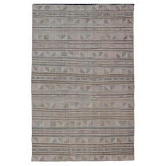 Turkish Flat-Weave with Embroideries Kilim in Taupe, Green, Brown, and Blush