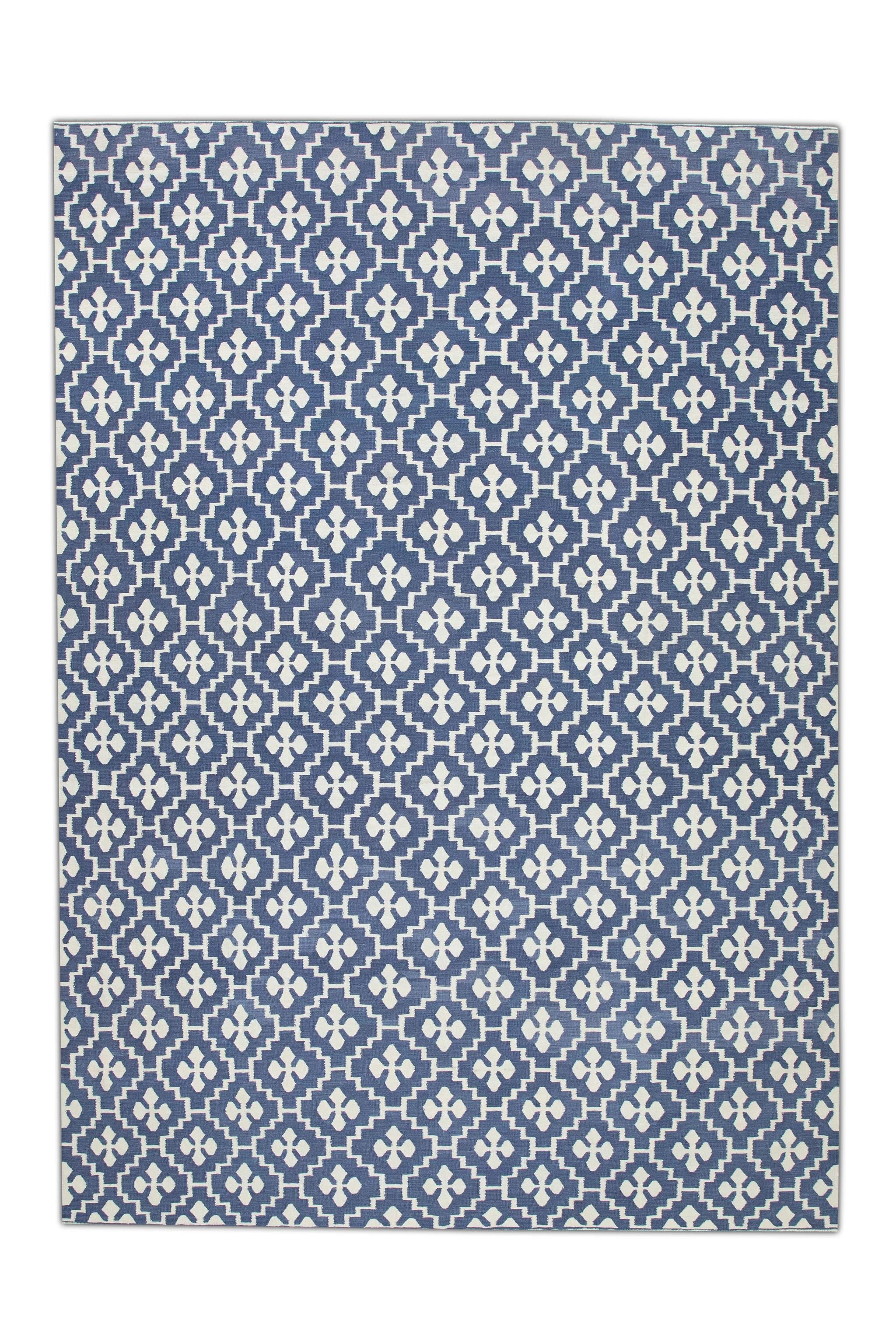 Turkish Flatweave Handmade Kilim Blue Geometric Wool Rug 10'3