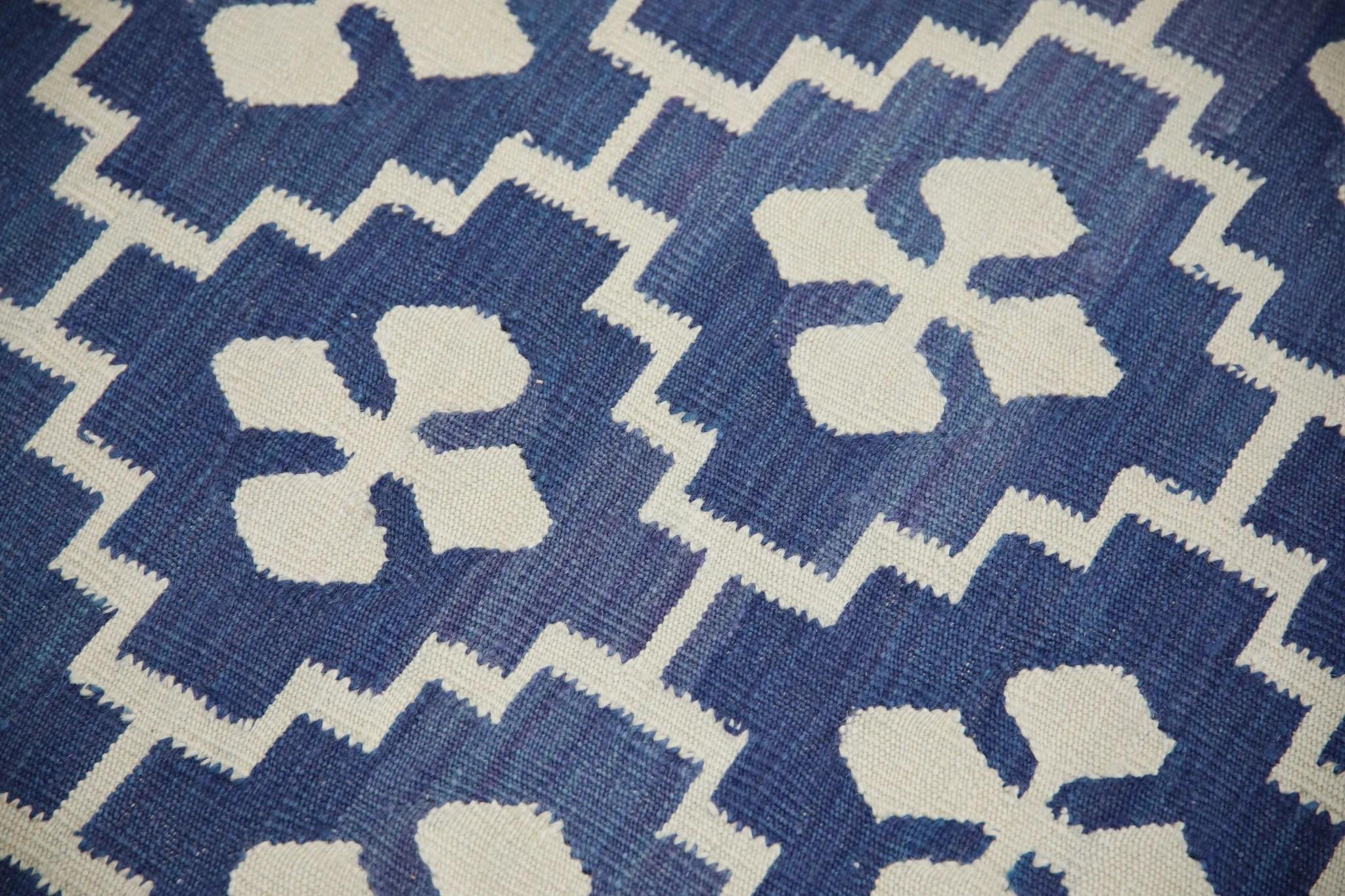 Modern Turkish Flatweave Handmade Kilim Blue Geometric Wool Rug 10'3