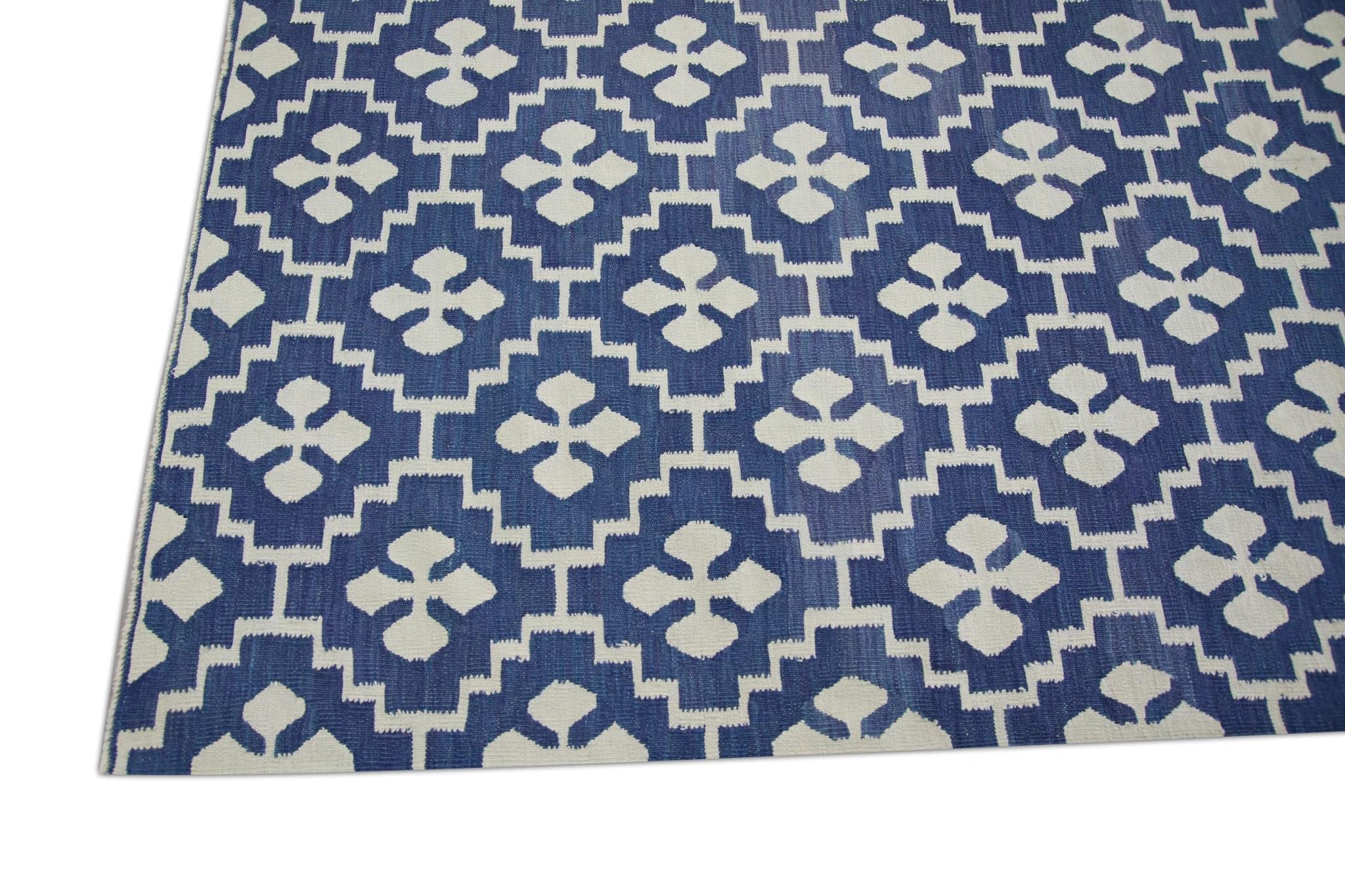 Vegetable Dyed Turkish Flatweave Handmade Kilim Blue Geometric Wool Rug 10'3