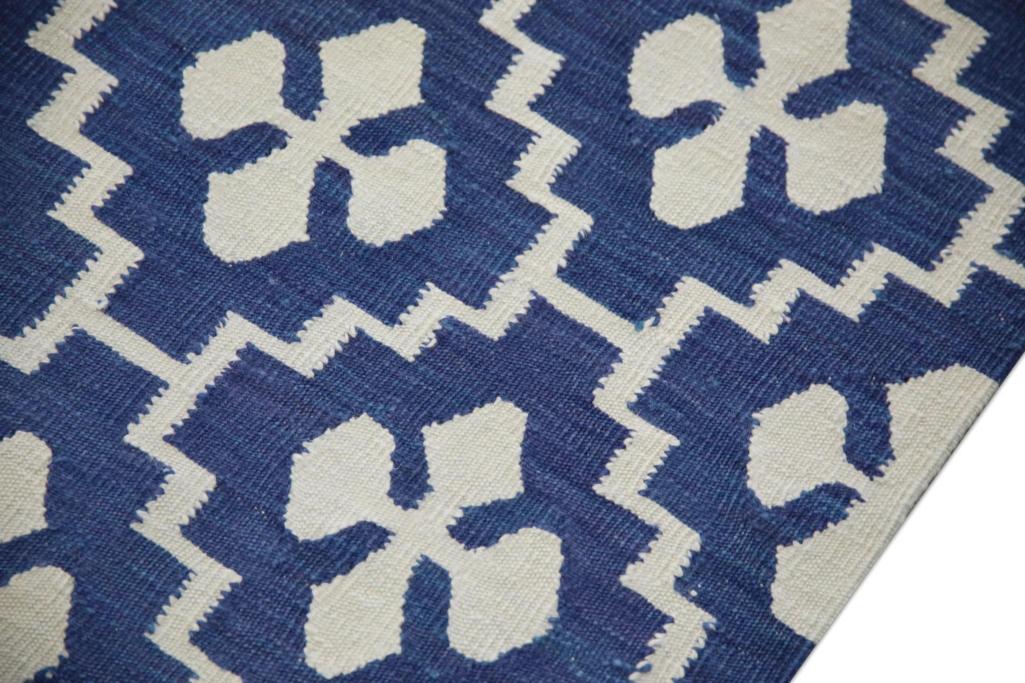 Turkish Flatweave Handmade Kilim Blue Geometric Wool Rug 10'3