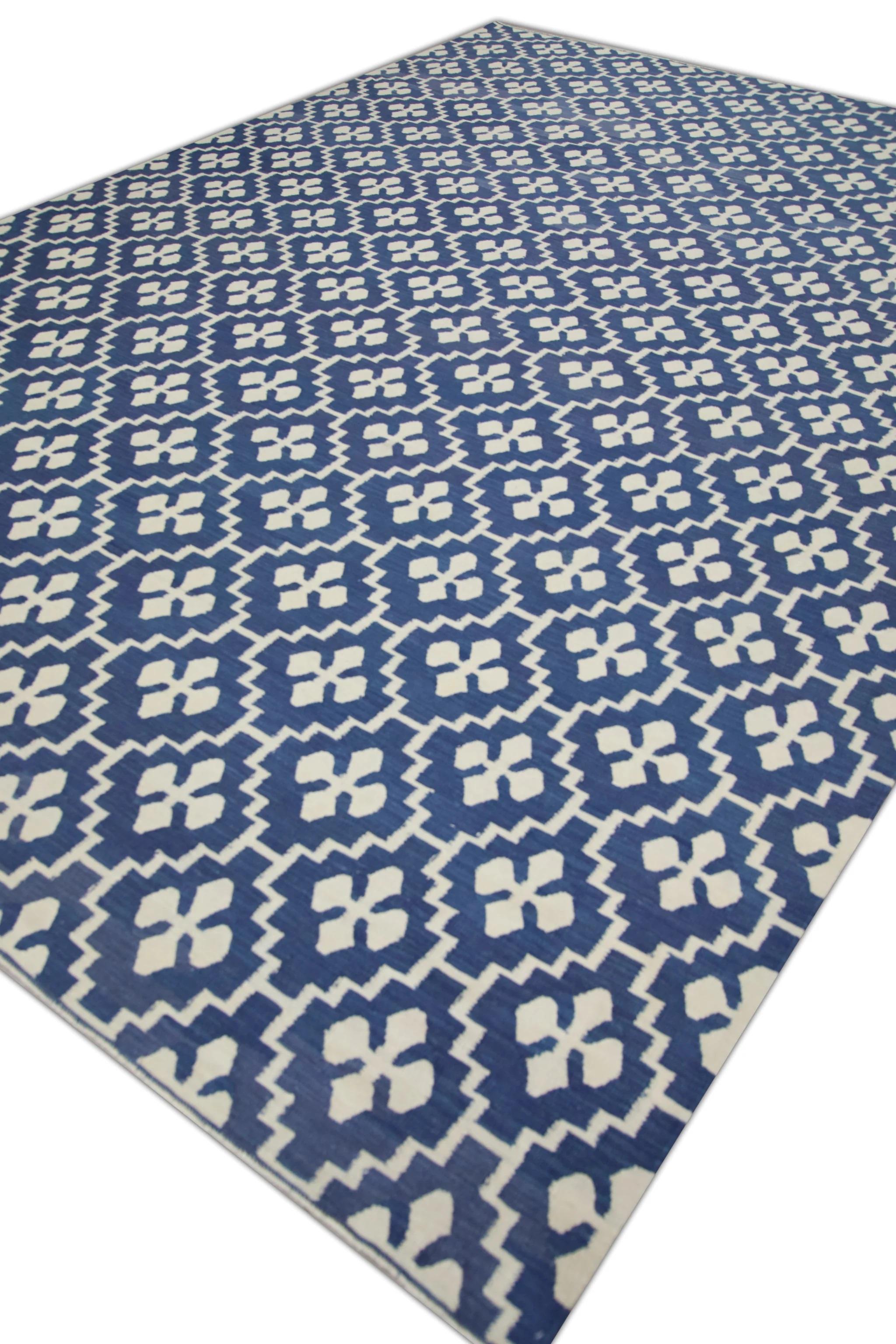 Contemporary Turkish Flatweave Handmade Kilim Blue Geometric Wool Rug 10'3