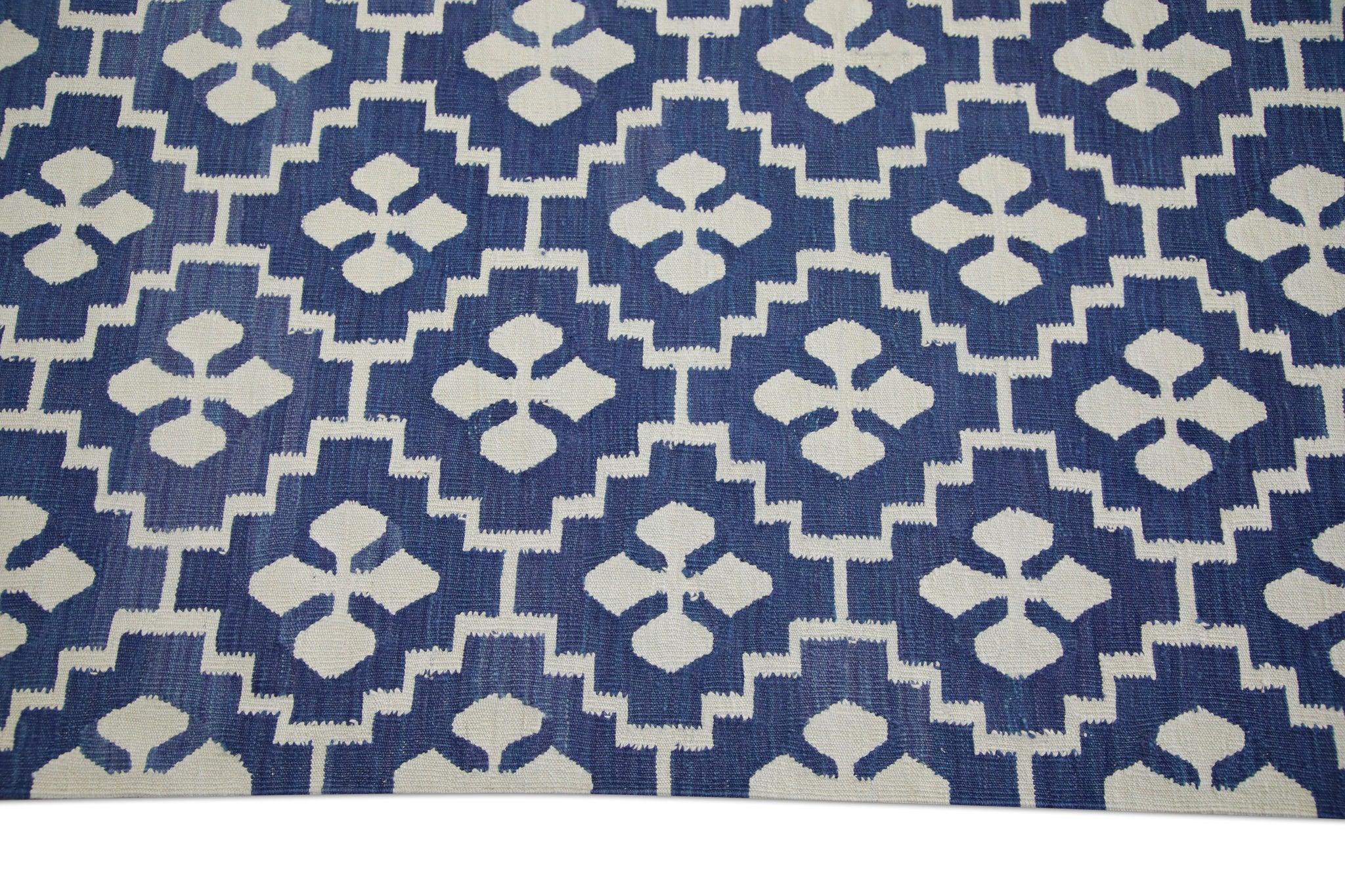 Turkish Flatweave Handmade Kilim Blue Geometric Wool Rug 10'3