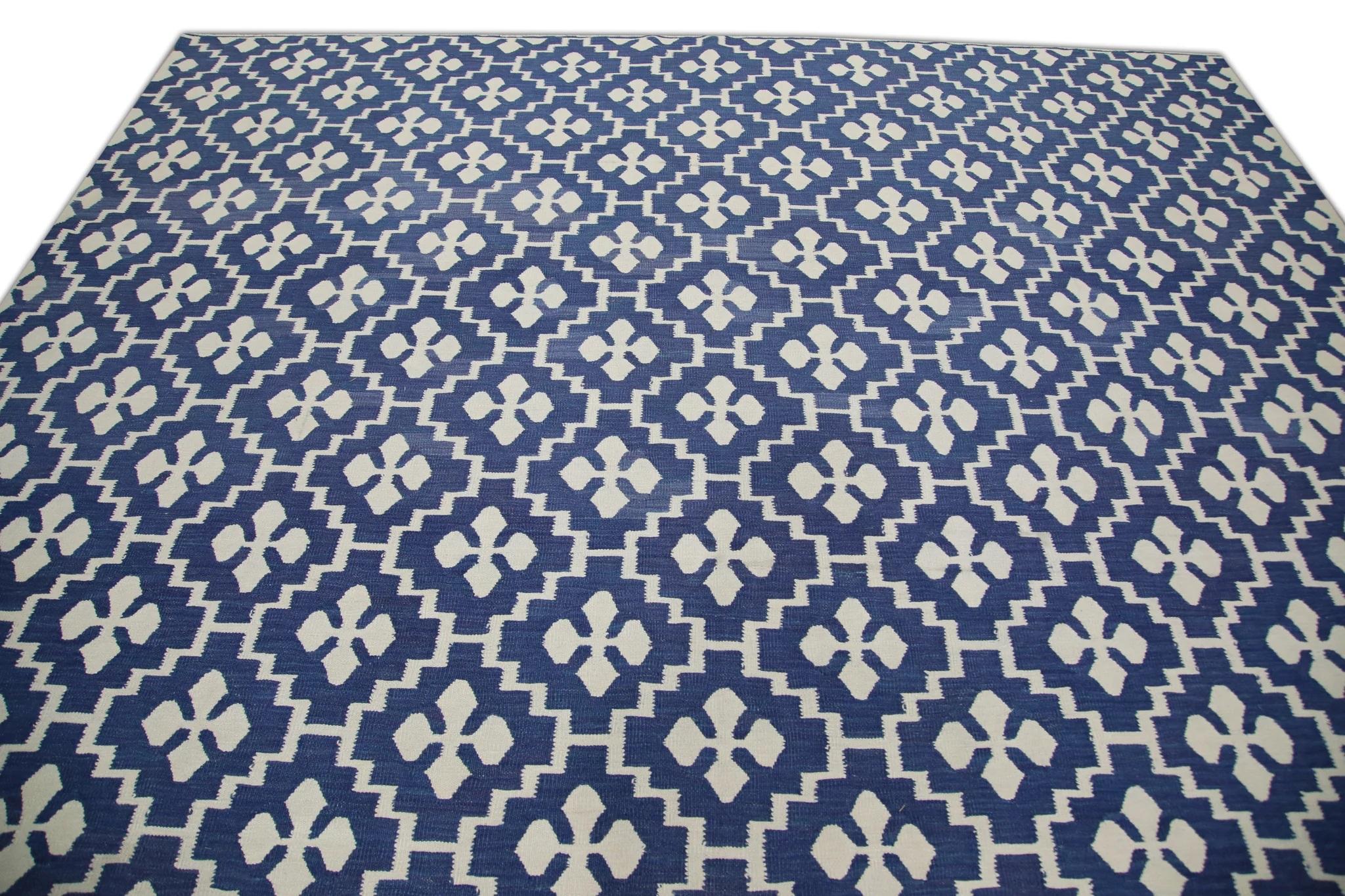 Turkish Flatweave Handmade Kilim Blue Geometric Wool Rug 10'3