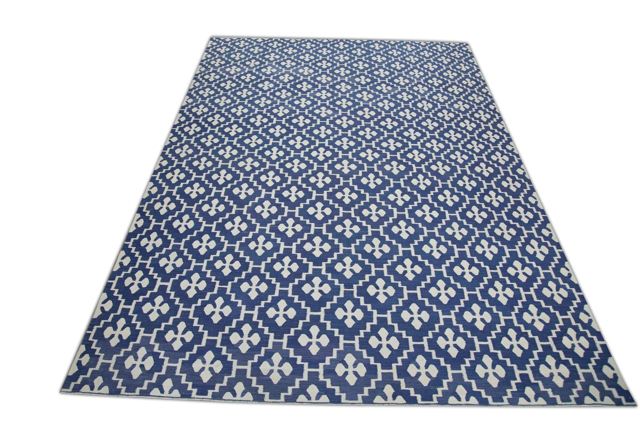 Turkish Flatweave Handmade Kilim Blue Geometric Wool Rug 10'3