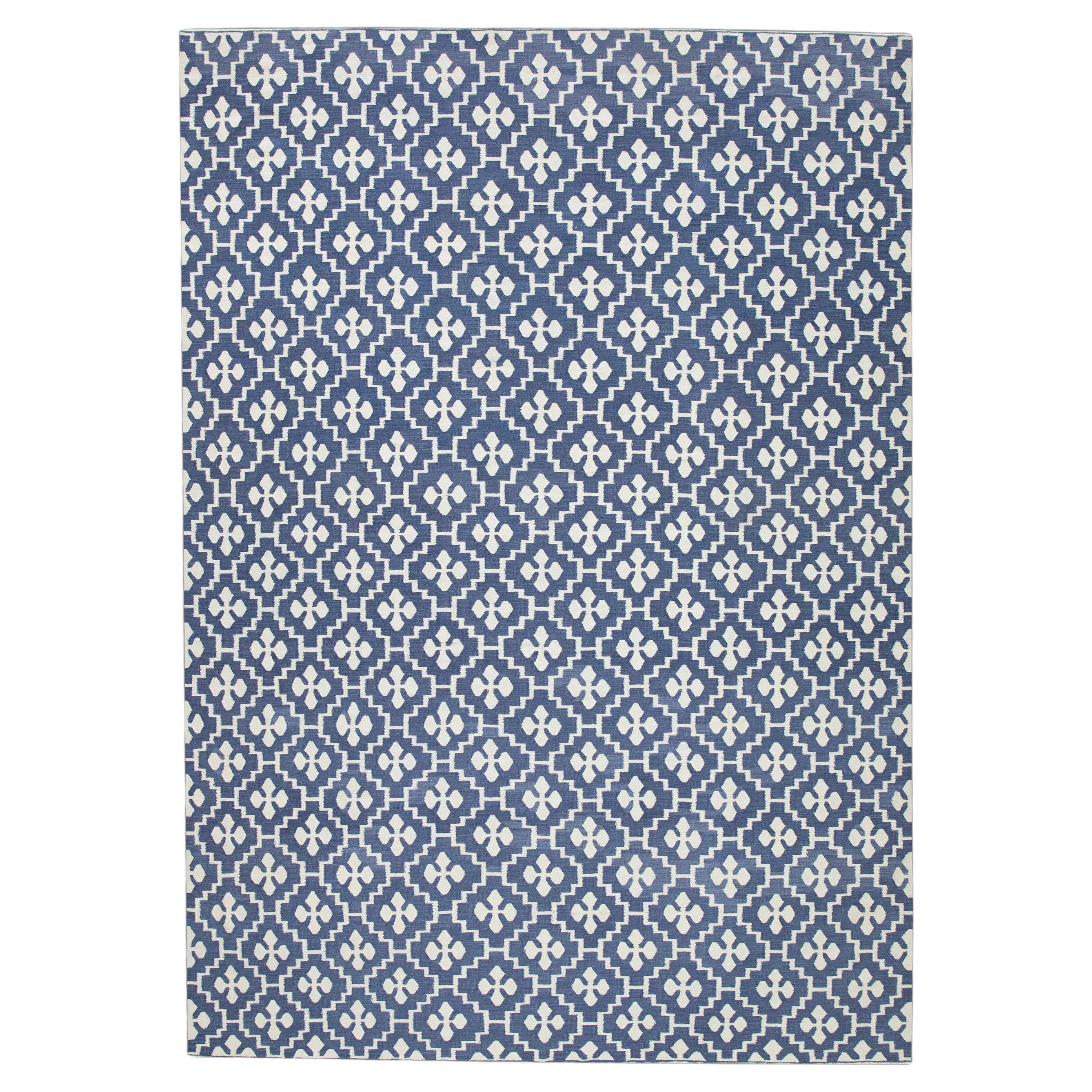 Turkish Flatweave Handmade Kilim Blue Geometric Wool Rug 10'3" x 14'5"