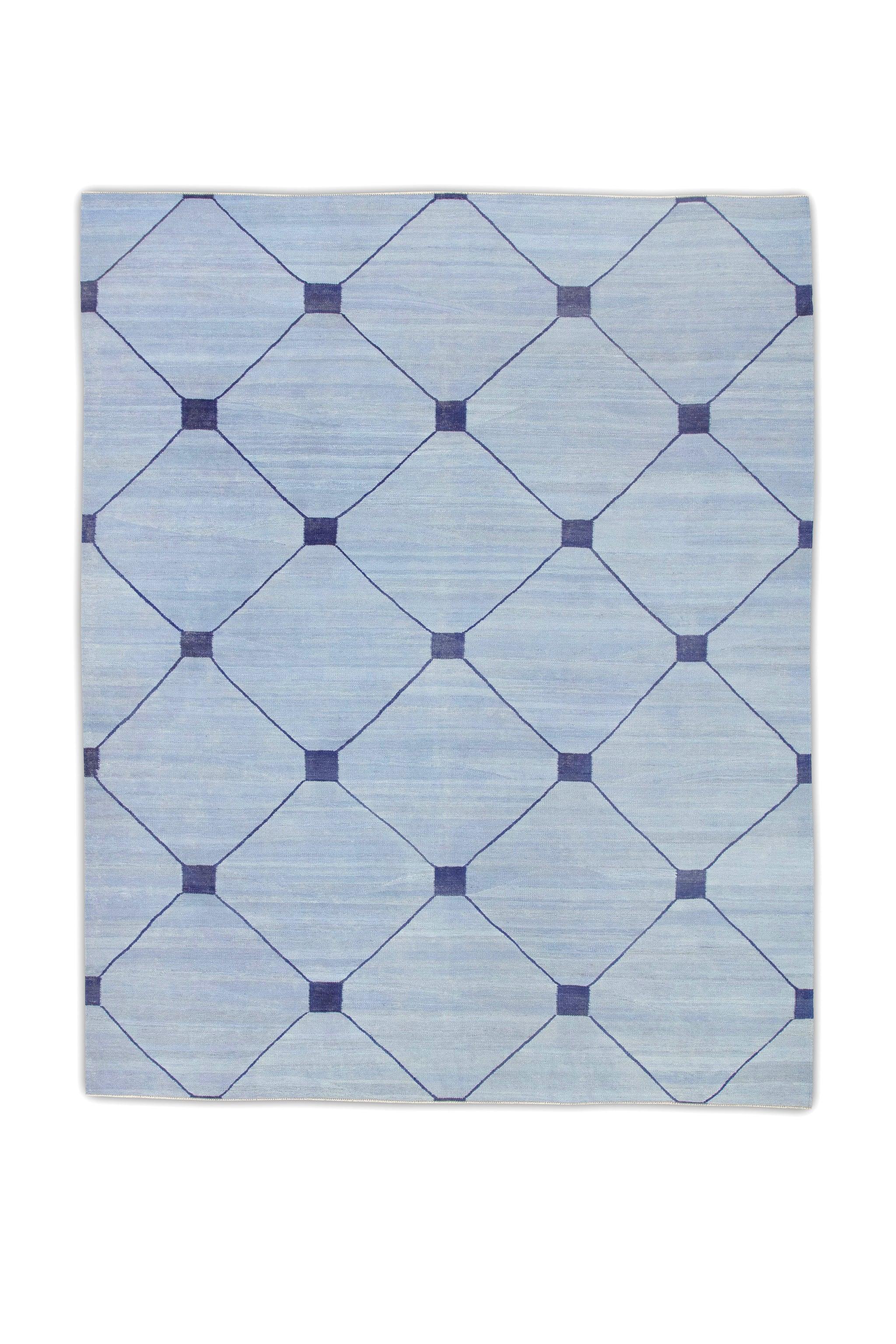 Alfombra turca de tejido plano Kilim hecha a mano Diseño moderno azul 8' X 10'1 Siglo XXI y contemporáneo en venta