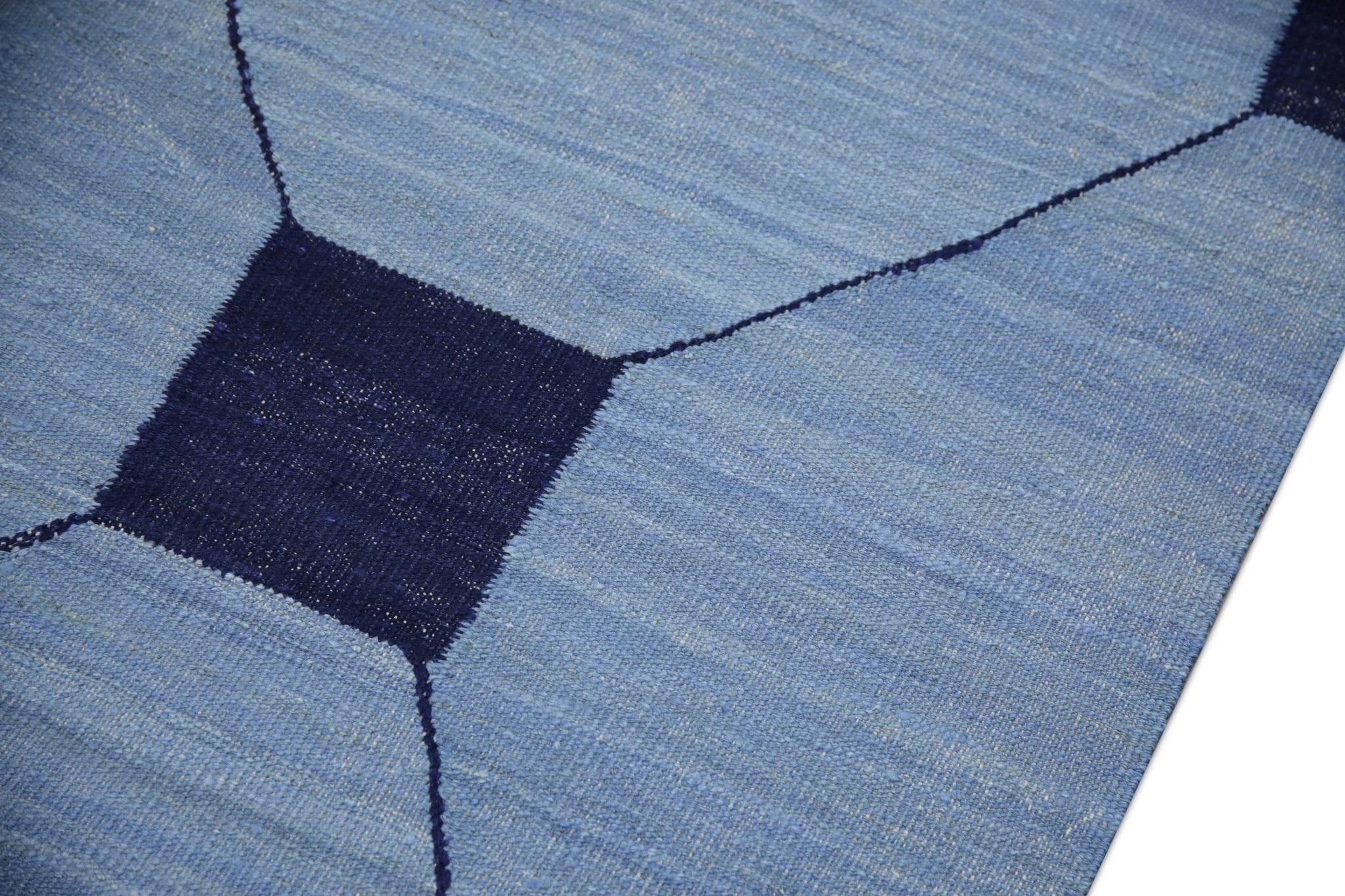 Türkischer handgefertigter Flachgewebe-Wollteppich in Blau und Marineblau, frühes 21. Jahrhundert 9'3