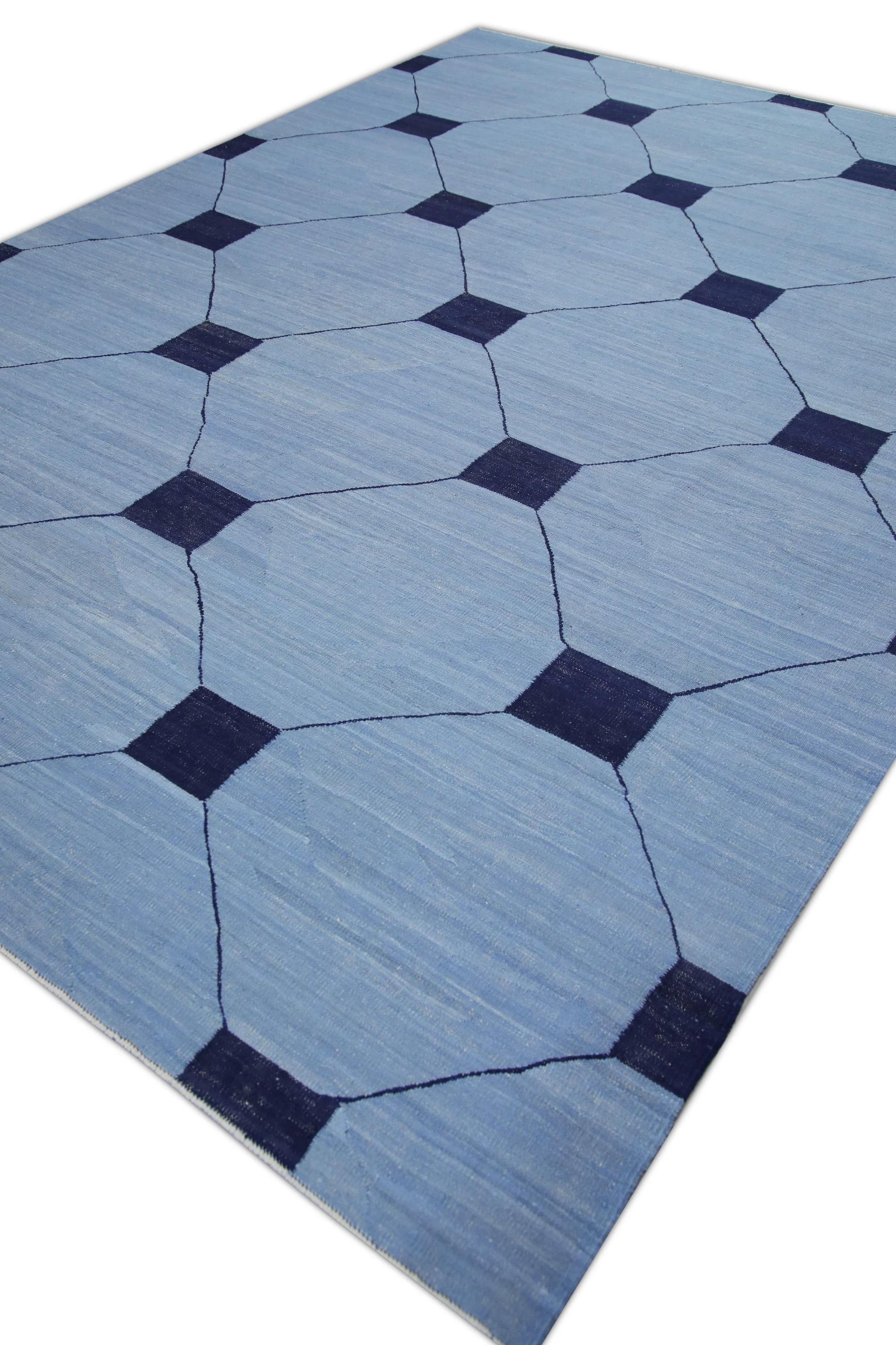 Türkischer handgefertigter Flachgewebe-Wollteppich in Blau und Marineblau, frühes 21. Jahrhundert 9'3