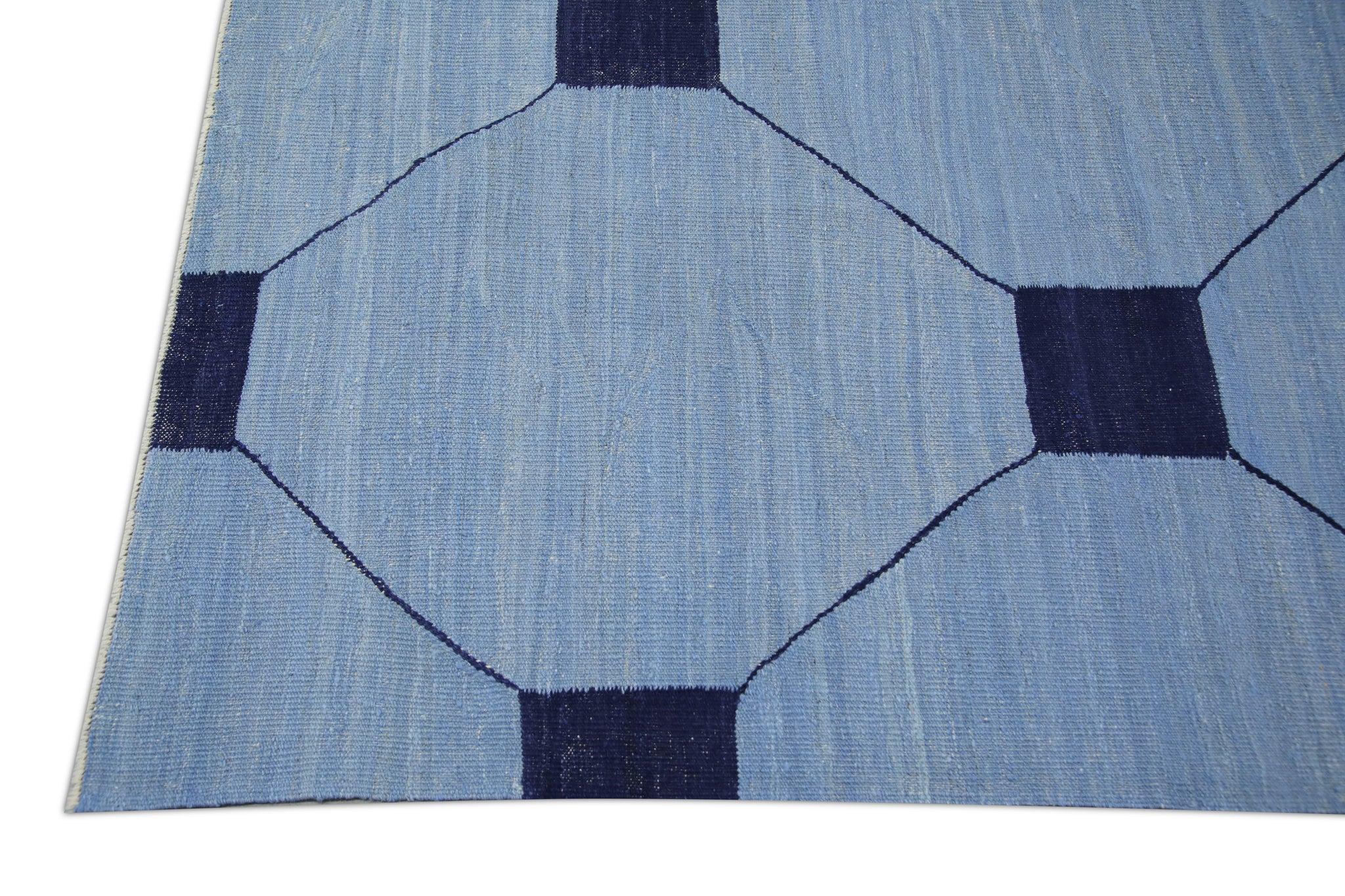 Türkischer handgefertigter Flachgewebe-Wollteppich in Blau und Marineblau, frühes 21. Jahrhundert 9'3