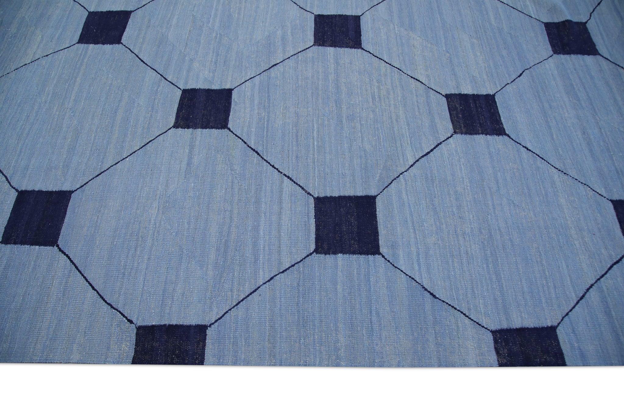 Türkischer handgefertigter Flachgewebe-Wollteppich in Blau und Marineblau, frühes 21. Jahrhundert 9'3