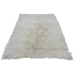 Retro Turkish Flokati Natural Undyed Wool Rug Midcentury