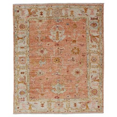 Turkish Floral and Tribal Motif Oushak Hand-Knotted in Angora Wool