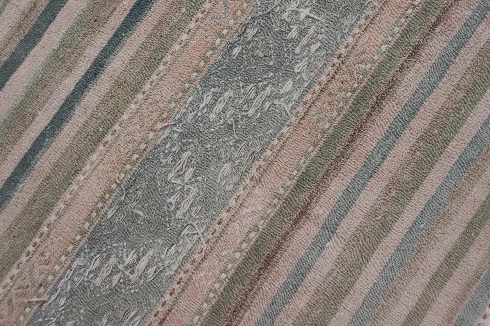 Turkish Gallery Flat-Weave Kilim in Muted Colors with Stripes and Embroideries For Sale 5