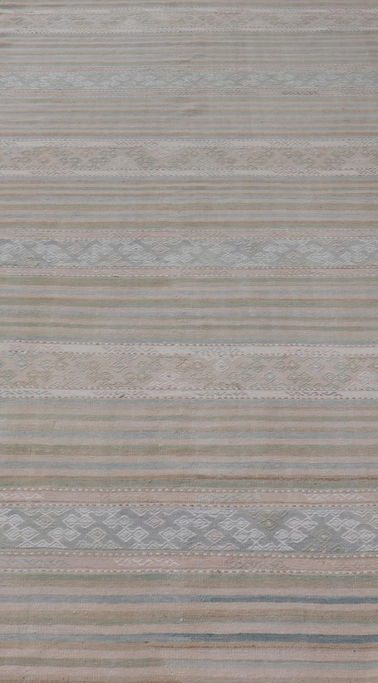 Hand-Woven Turkish Gallery Flat-Weave Kilim in Muted Colors with Stripes and Embroideries For Sale