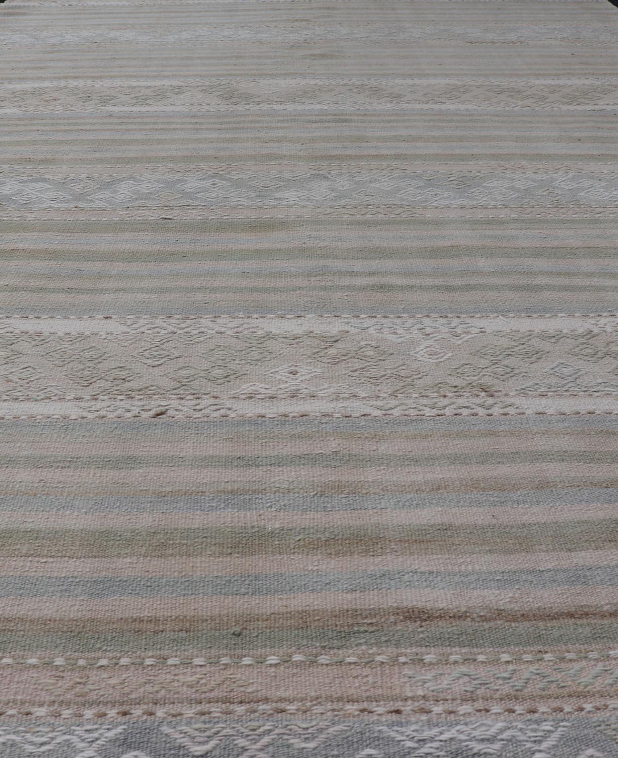 Turkish Gallery Flat-Weave Kilim in Muted Colors with Stripes and Embroideries In Good Condition For Sale In Atlanta, GA