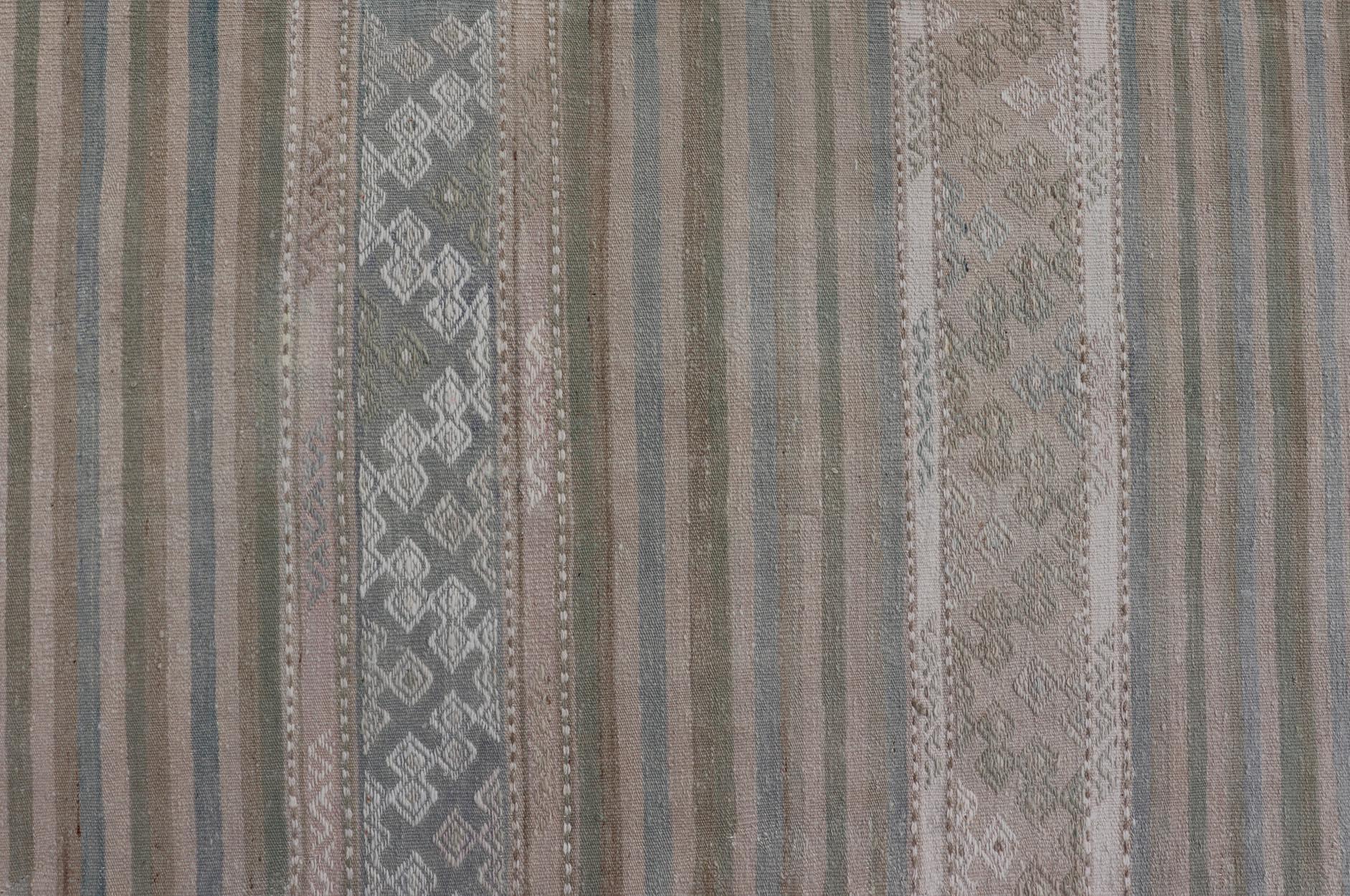 Turkish Gallery Flat-Weave Kilim in Muted Colors with Stripes and Embroideries For Sale 1