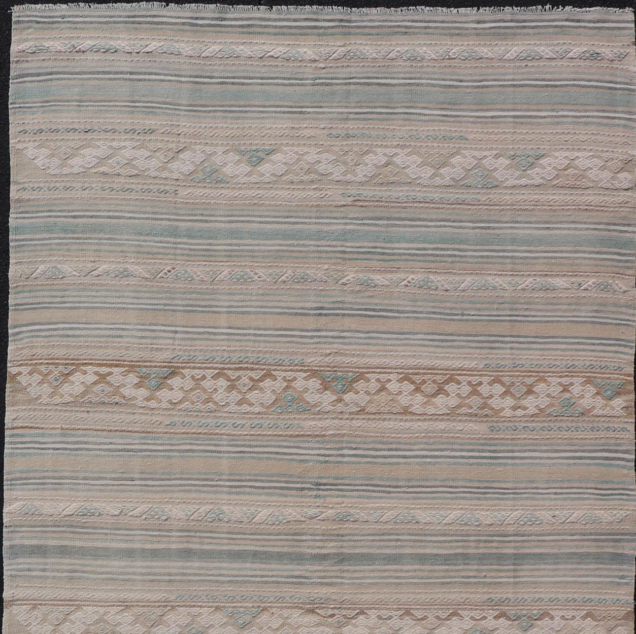 Turkish Gallery Flat-Weave Kilim in Muted Colors with Stripes and Embroideries For Sale 2