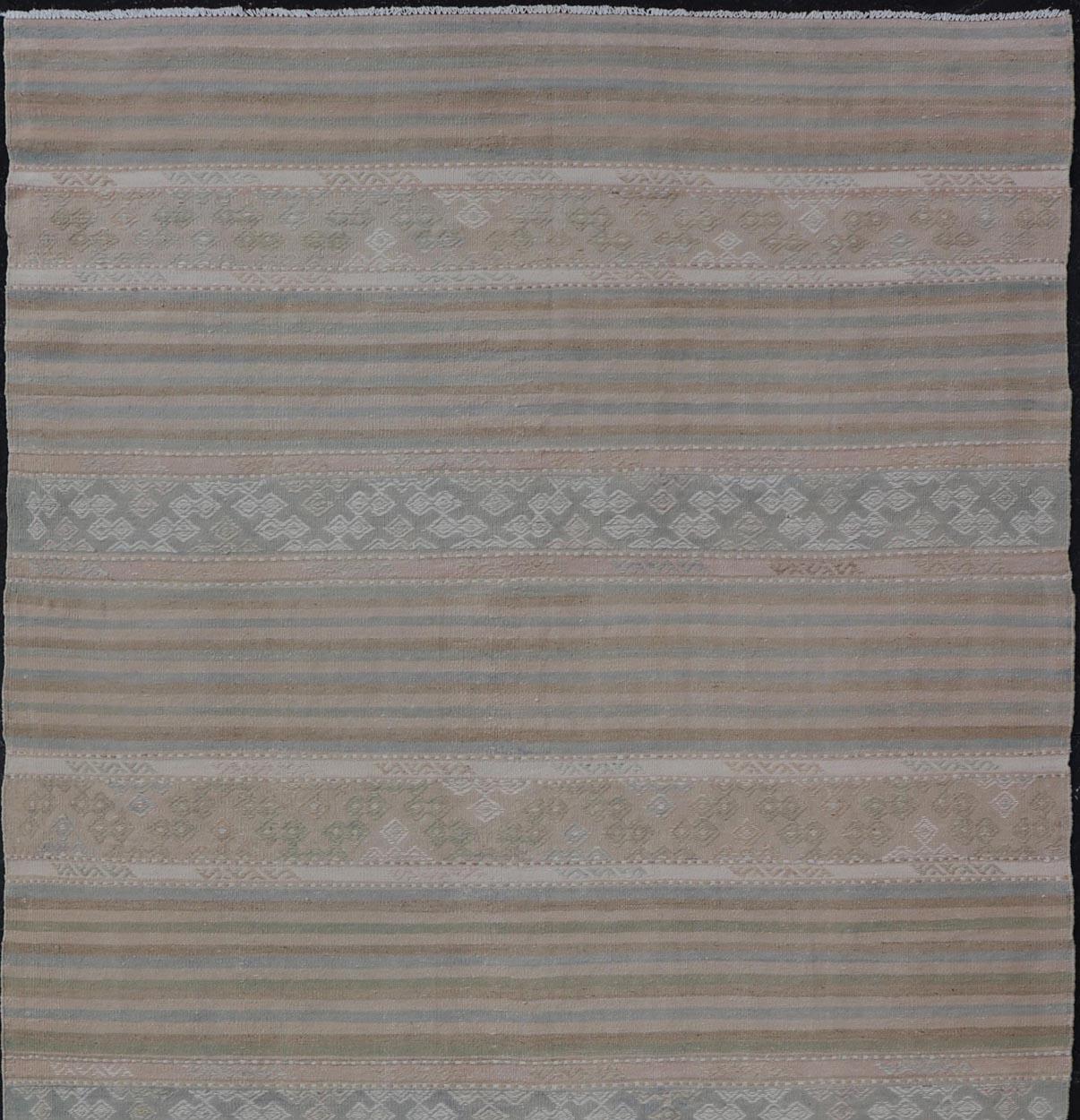 Turkish Gallery Flat-Weave Kilim in Muted Colors with Stripes and Embroideries For Sale 2