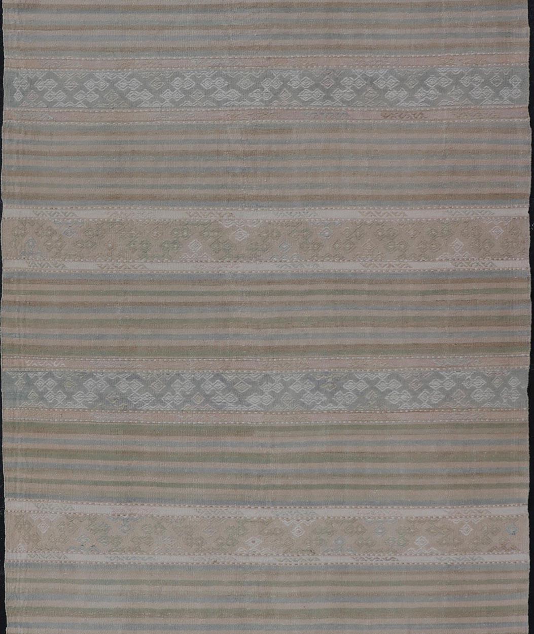 Turkish Gallery Flat-Weave Kilim in Muted Colors with Stripes and Embroideries For Sale 3