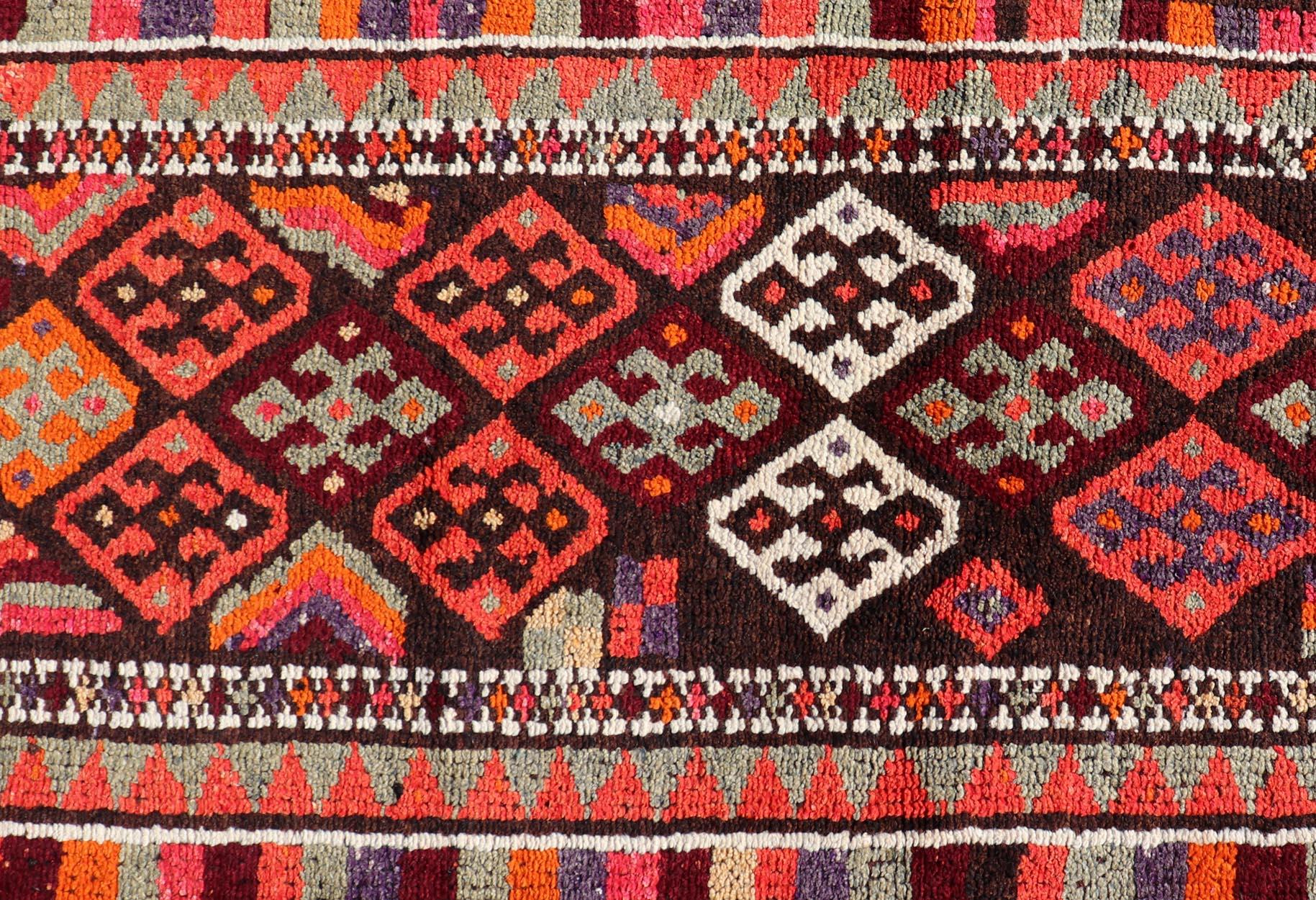 Measures: 2'11 x 13'3 
Turkish Geometric Kurdish Design Vintage Runner With All-Over Tribal Design. Keivan Woven Arts / rug TU-NED-5028, country of origin / type: Turkey / Turkish 1960's.
This runner from Turkey features an all over diamond design,