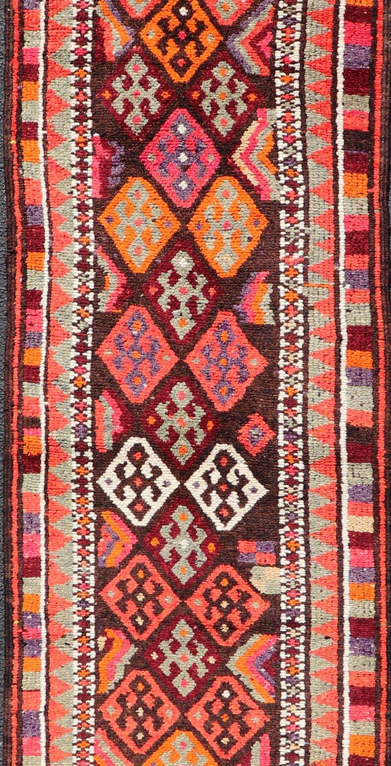Hand-Knotted Turkish Geometric Kurdish Design Vintage Runner With All-Over Tribal Design For Sale